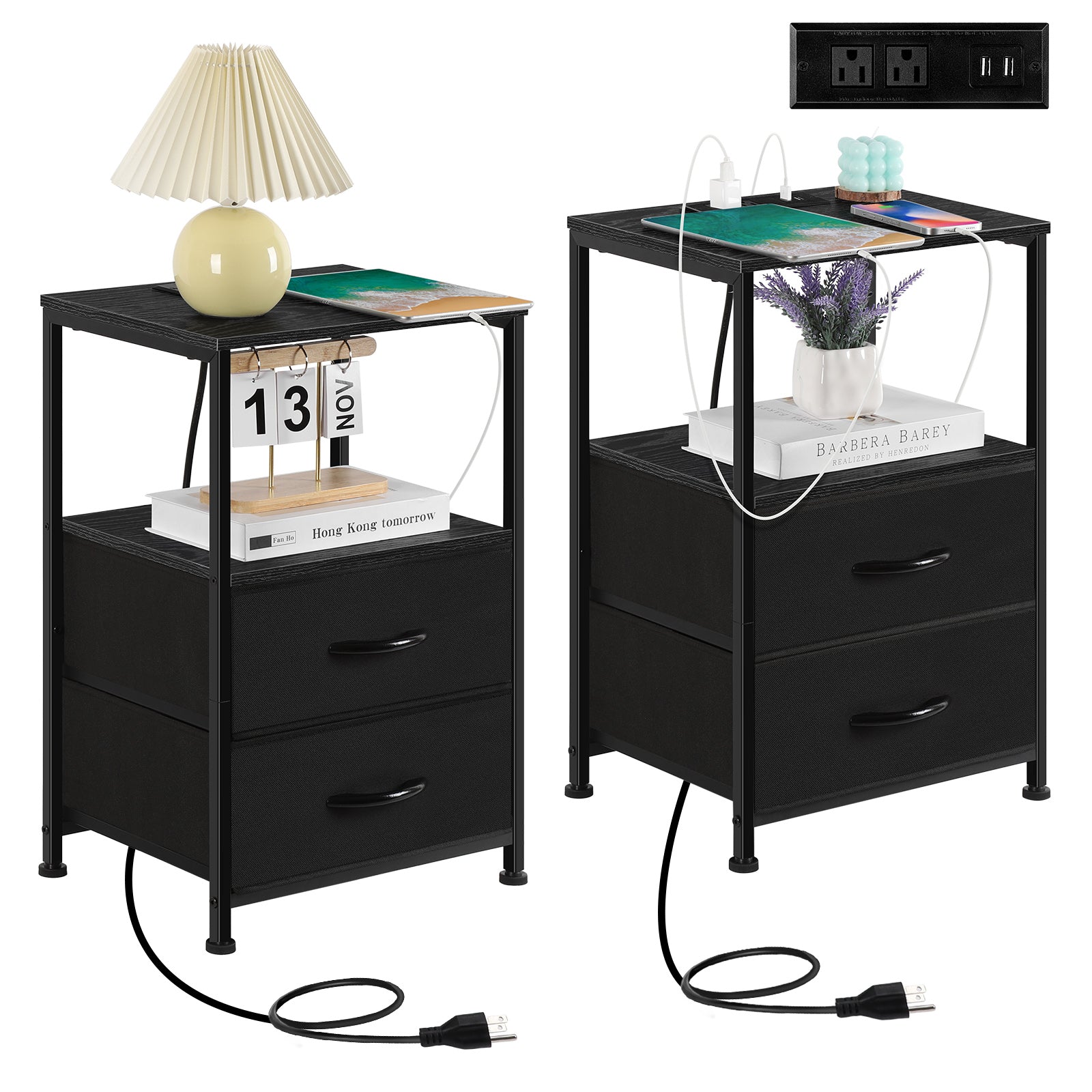 2-Pack Nightstands with USB Ports & Outlets -Black End Tables with Storage Drawers for Bedroom & Dorm