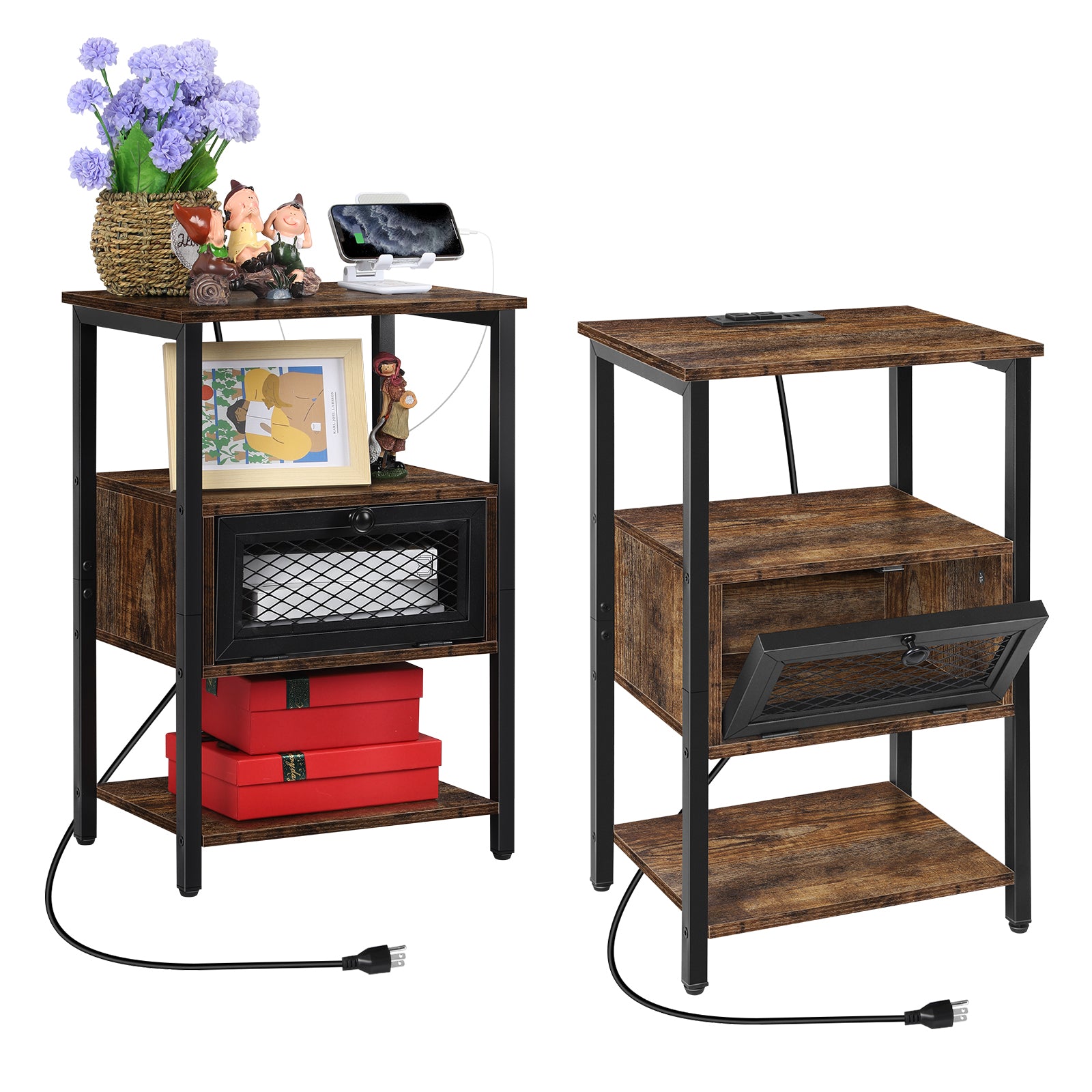 Black Nightstand with Charging Station, 3-Tier End Table with Drawer & USB Ports, for Bedroom & Living Room
