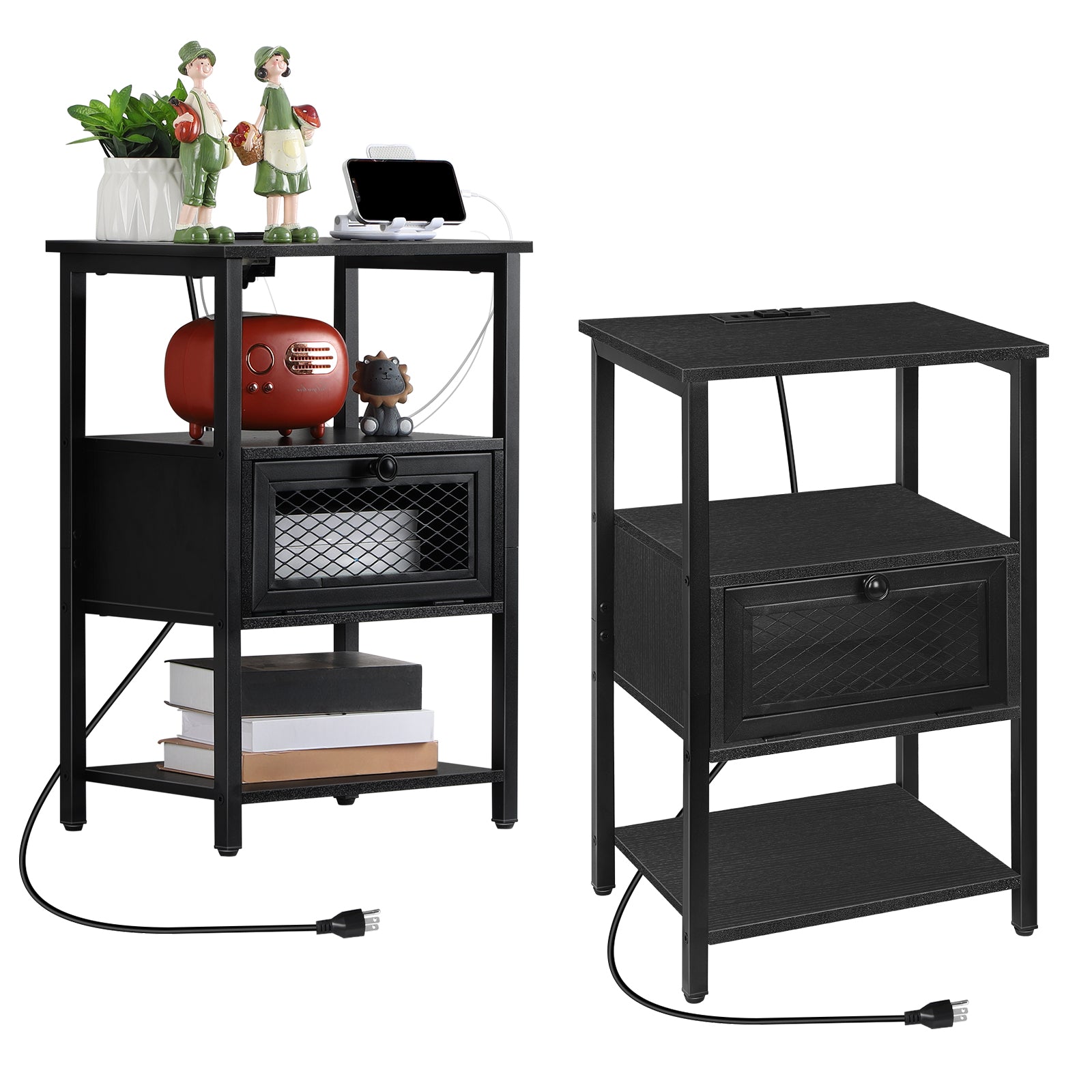 Black Nightstand with Charging Station, 3-Tier End Table with Drawer & USB Ports, for Bedroom & Living Room