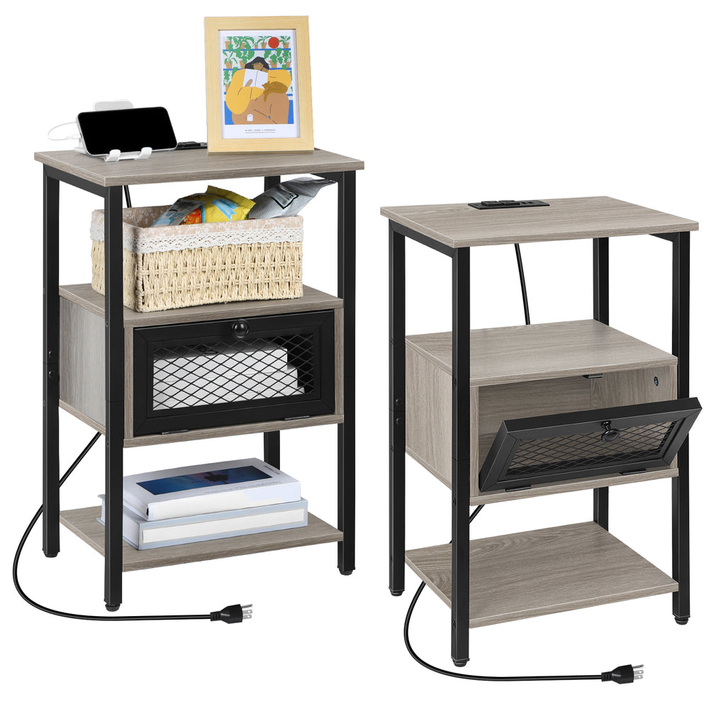 Black Nightstand with Charging Station, 3-Tier End Table with Drawer & USB Ports, for Bedroom & Living Room