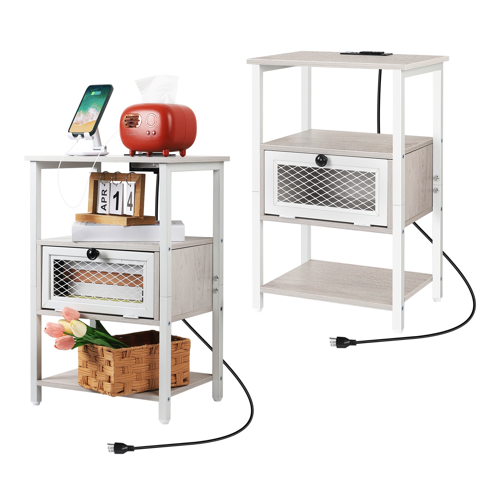 Black Nightstand with Charging Station, 3-Tier End Table with Drawer & USB Ports, for Bedroom & Living Room