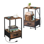 Black Nightstand with Charging Station, Bedside Table with USB Ports & Fabric Drawer, 2-Pack