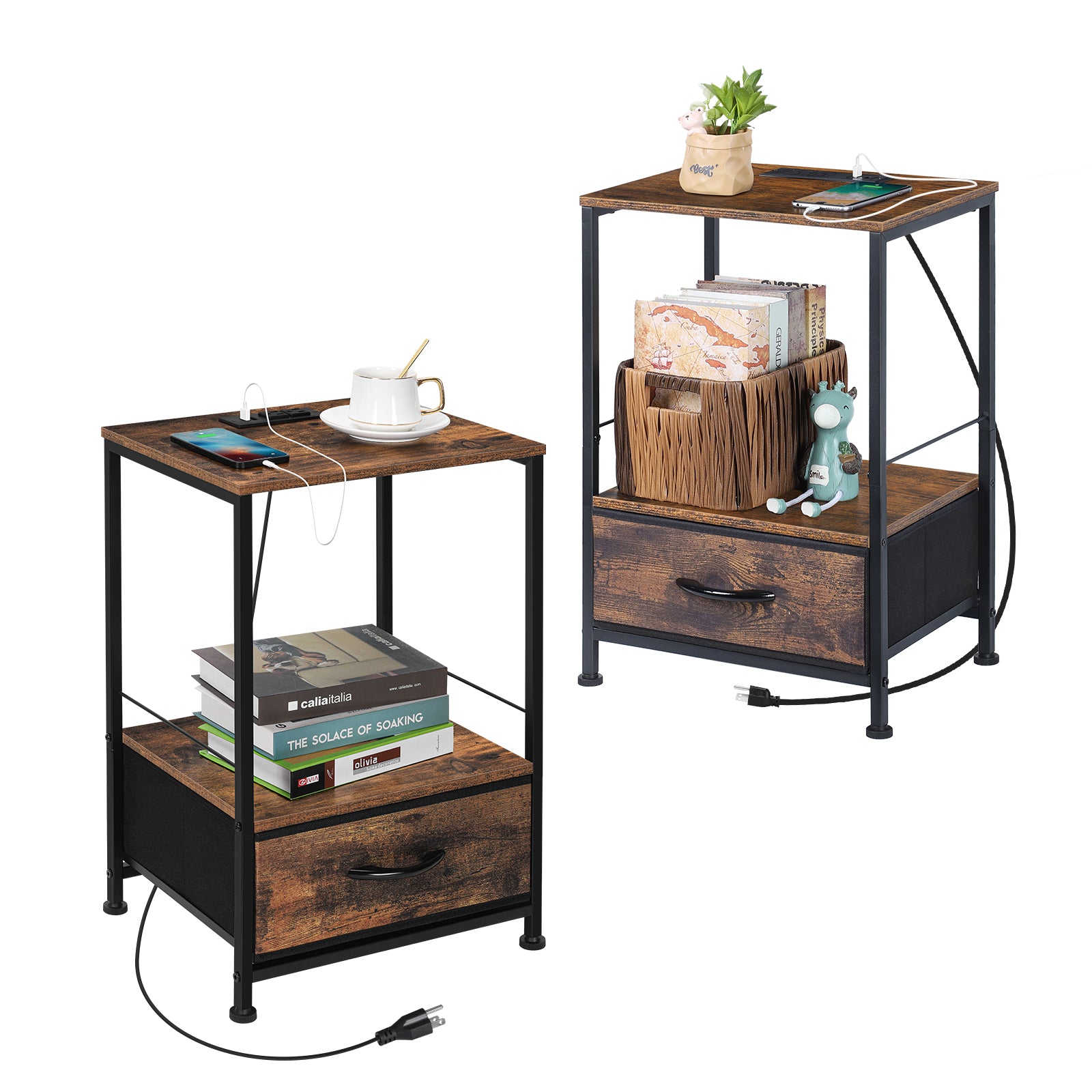 Black Nightstand with Charging Station, Bedside Table with USB Ports & Fabric Drawer, 2-Pack