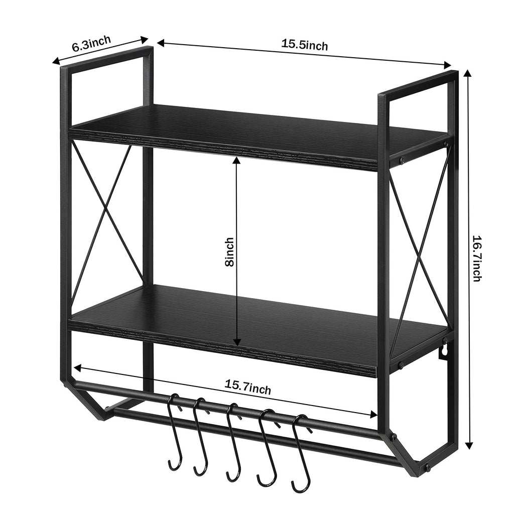 2-Tier Wall Mounted Bathroom Shelf - Rustic Wood Towel Rack with Hooks & Towel Bar Organizer,