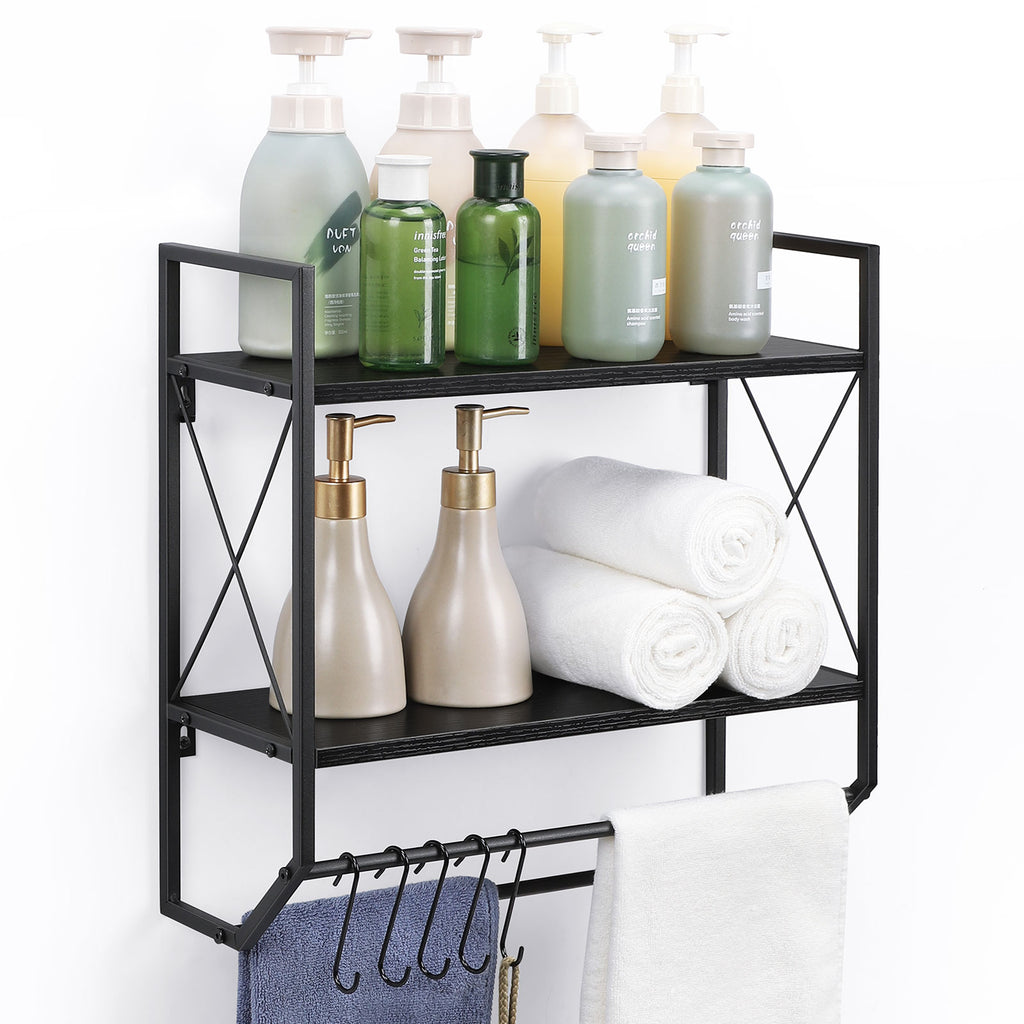 2-Tier Wall Mounted Bathroom Shelf - Rustic Wood Towel Rack with Hooks & Towel Bar Organizer,