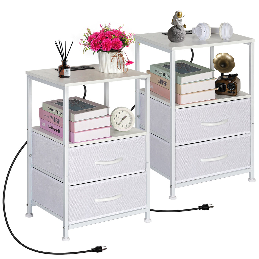 2-Pack Nightstands with USB Ports & Outlets -Black End Tables with Storage Drawers for Bedroom & Dorm