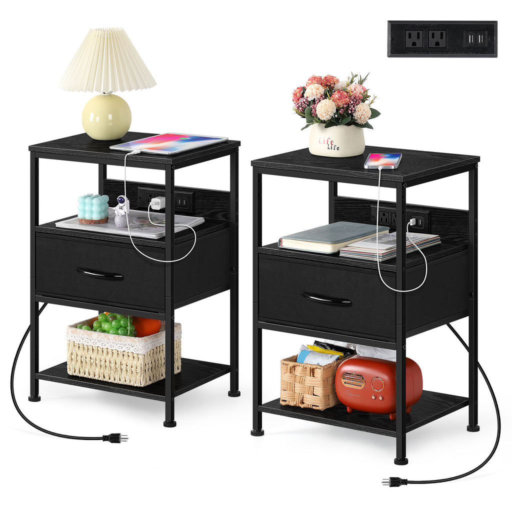 3-Tier Nightstand with Charging Station (2-Pack) - Modern Black End Tables for Bedroom, Dorm & Office