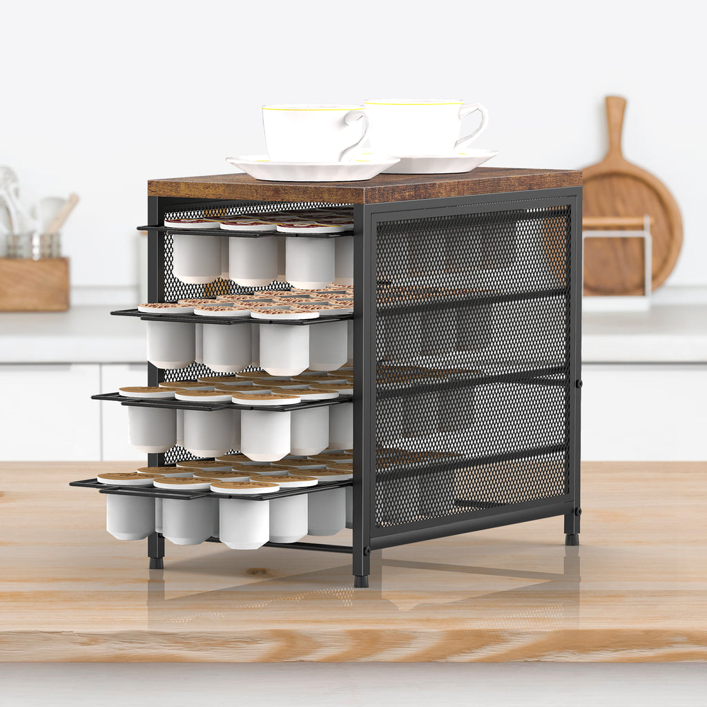 54/72-Capacity 3/4-Tier K-Cup Drawer Organizer -Rustic Coffee Pod Holder for Countertops