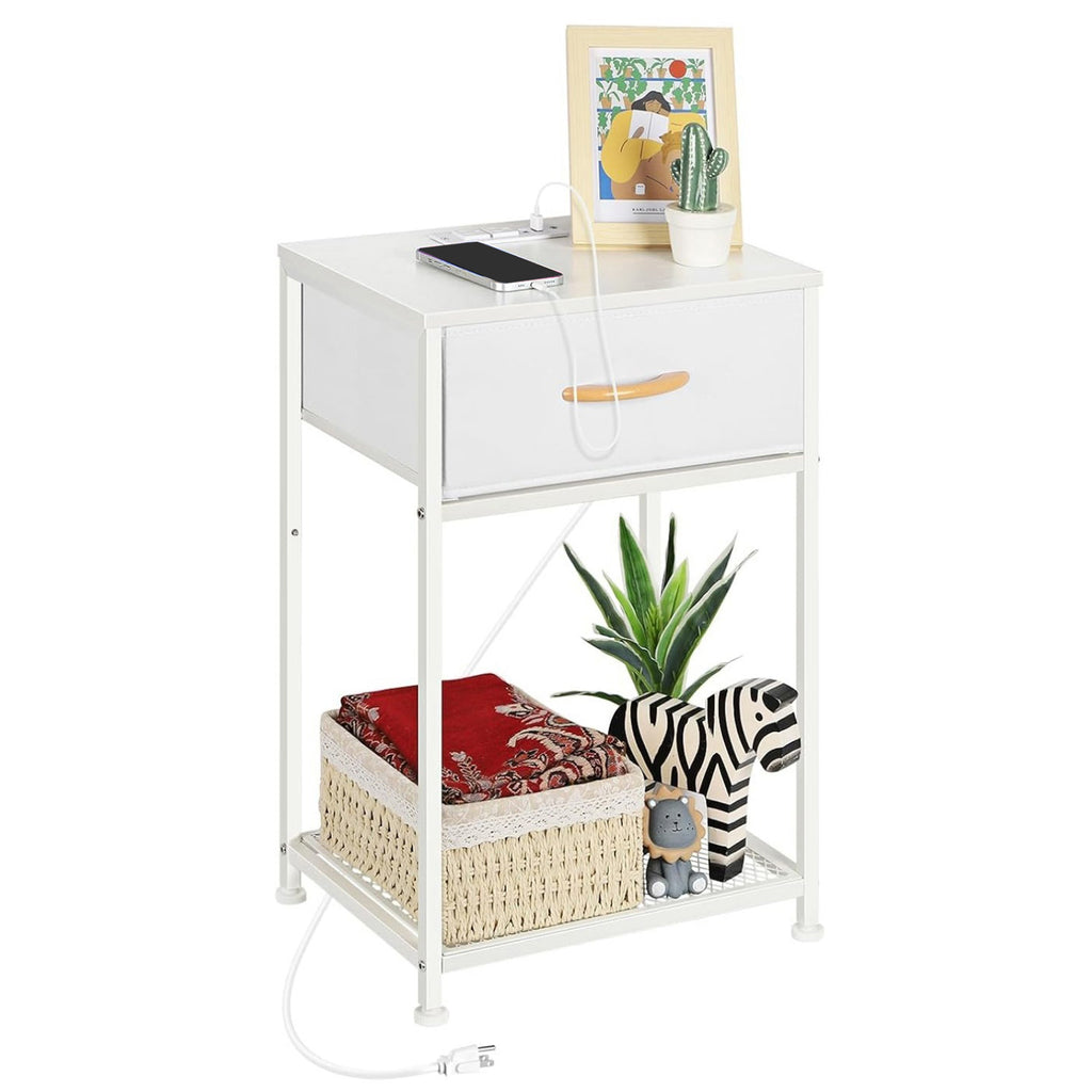 Set of 2 Farmhouse Nightstands with Charging Station, Rustic Brown Industrial End Tables with Fabric Drawer and Mesh Shelf for Bedroom, Living Room