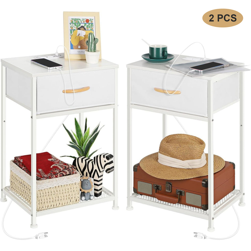 Set of 2 Farmhouse Nightstands with Charging Station, Rustic Brown Industrial End Tables with Fabric Drawer and Mesh Shelf for Bedroom, Living Room