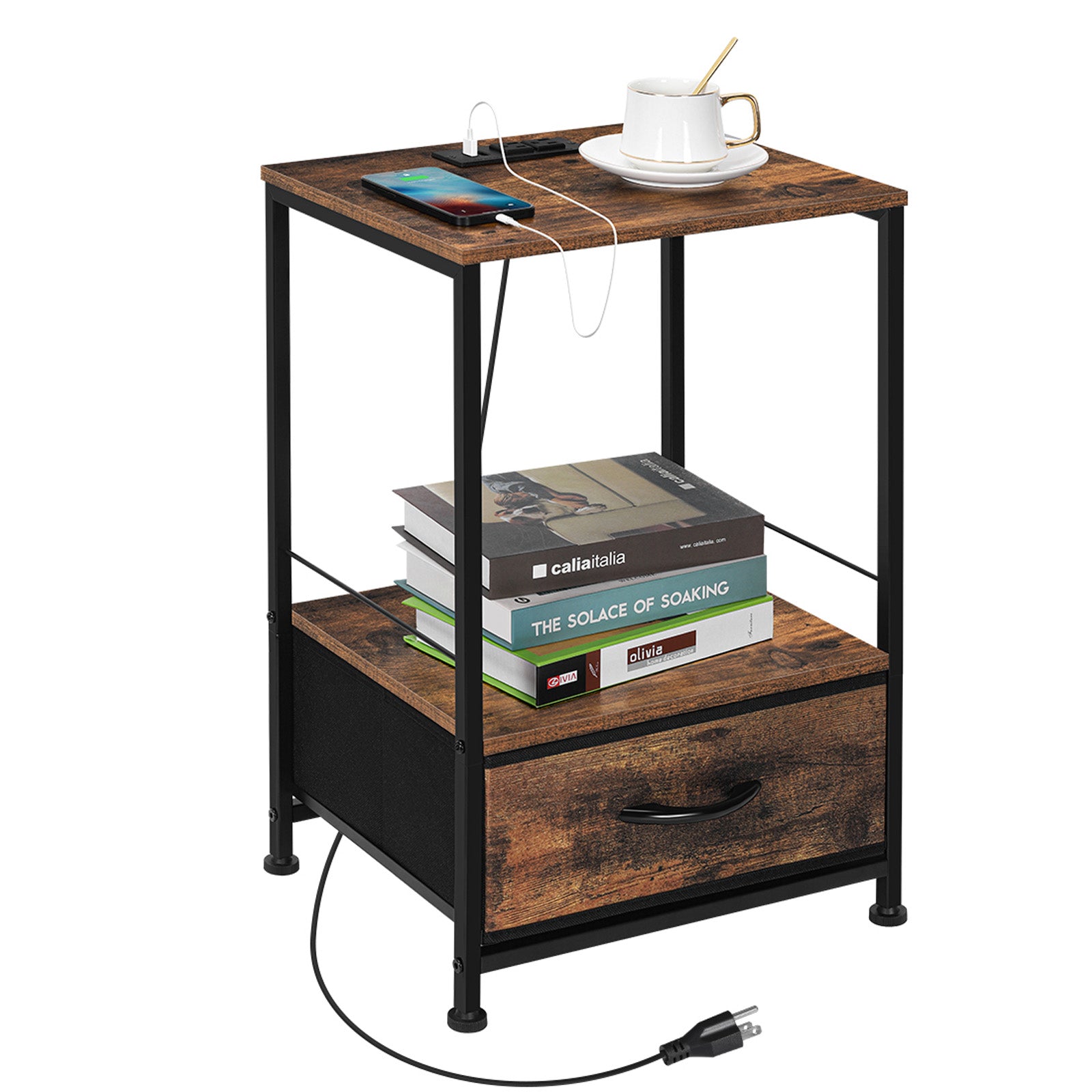 Black Nightstand with Charging Station, Bedside Table with USB Ports & Fabric Drawer, 2-Pack
