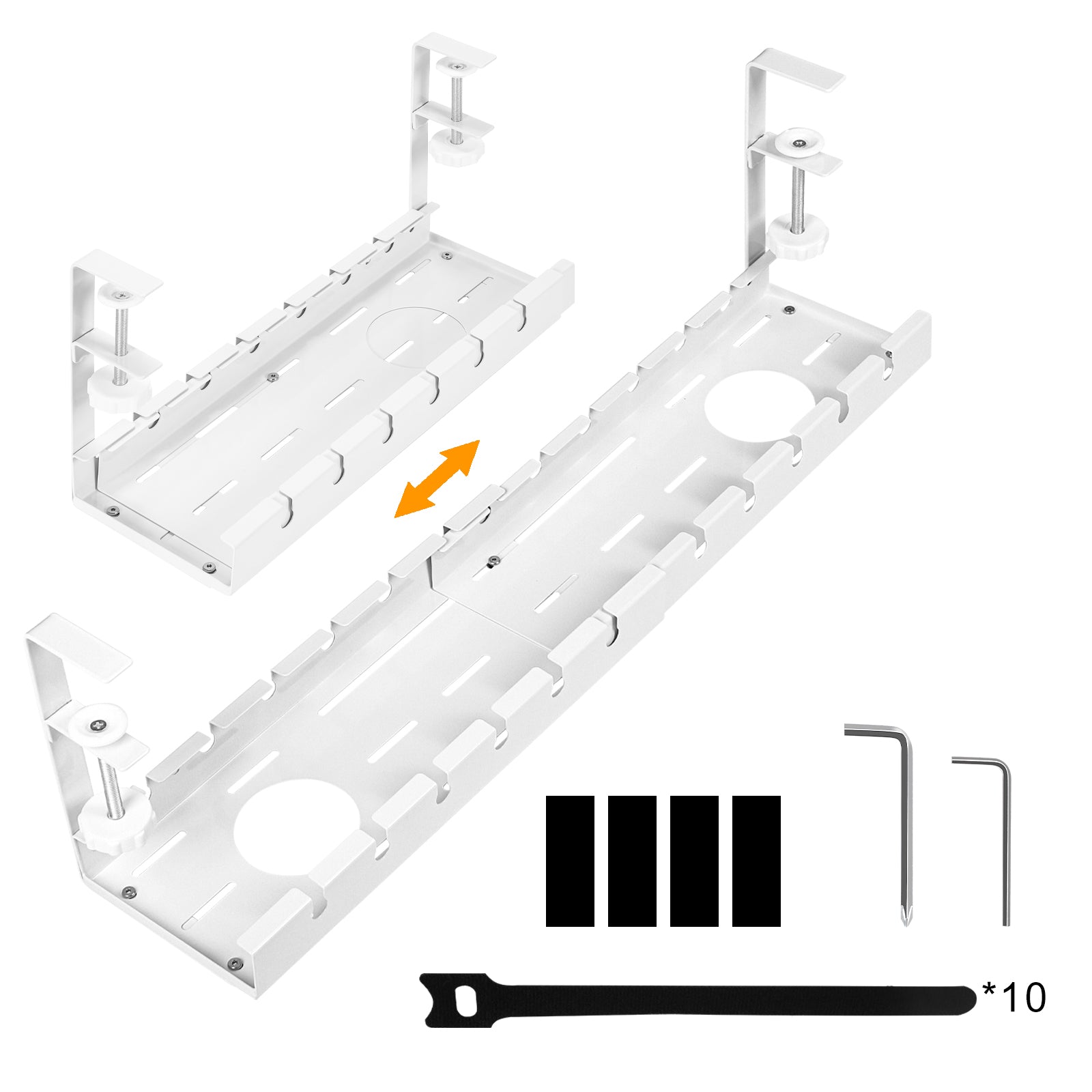 2 Pack Extendable Under Desk Cable Management Tray - No Drill Cord Organizer with Clamps