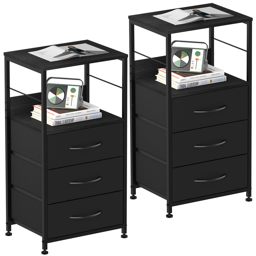 Bedside Table with Fabric Drawers - Industrial Nightstand for Bedroom & Dorm, Black/ Rustic Brown/White