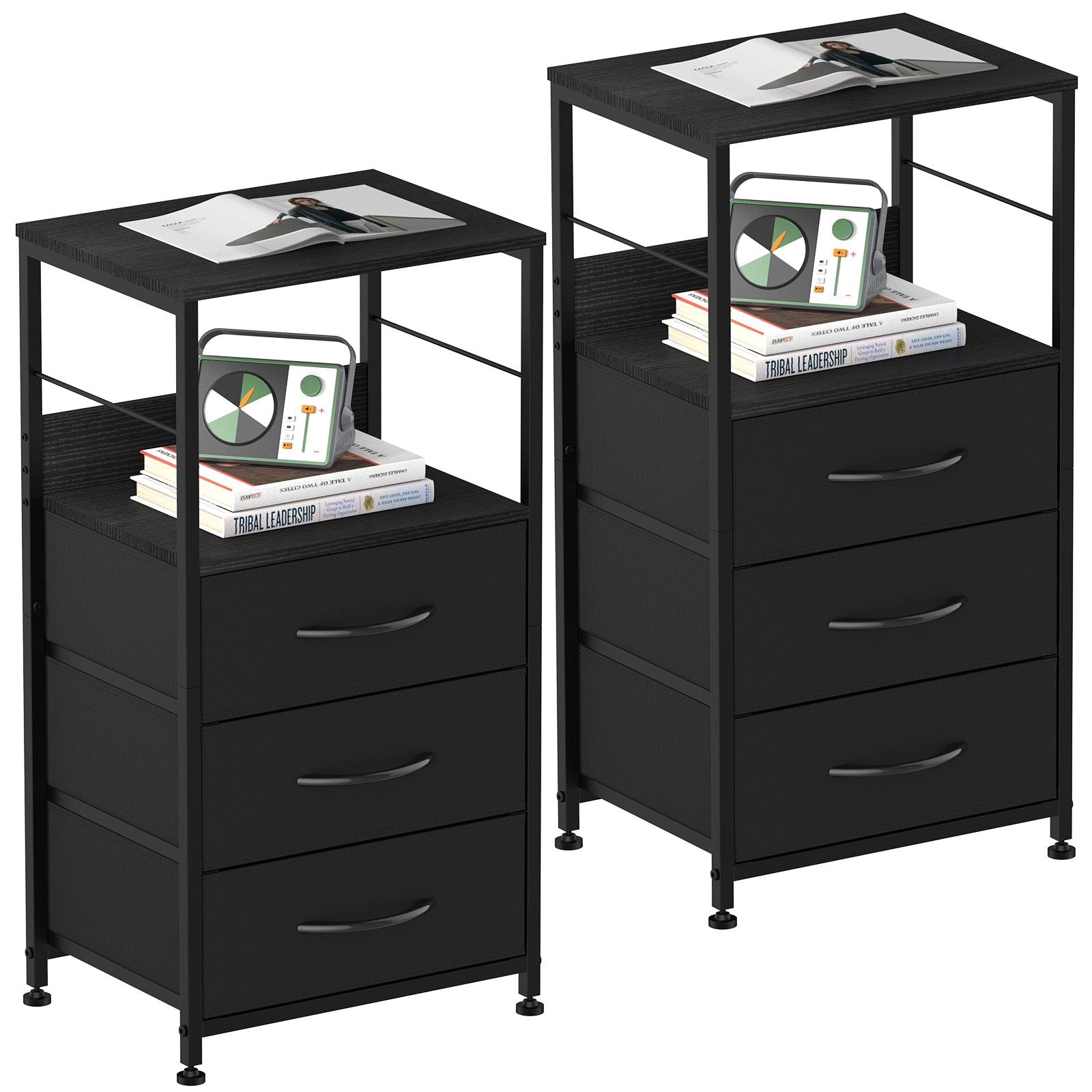 Bedside Table with Fabric Drawers - Industrial Nightstand for Bedroom & Dorm, Black/ Rustic Brown/White