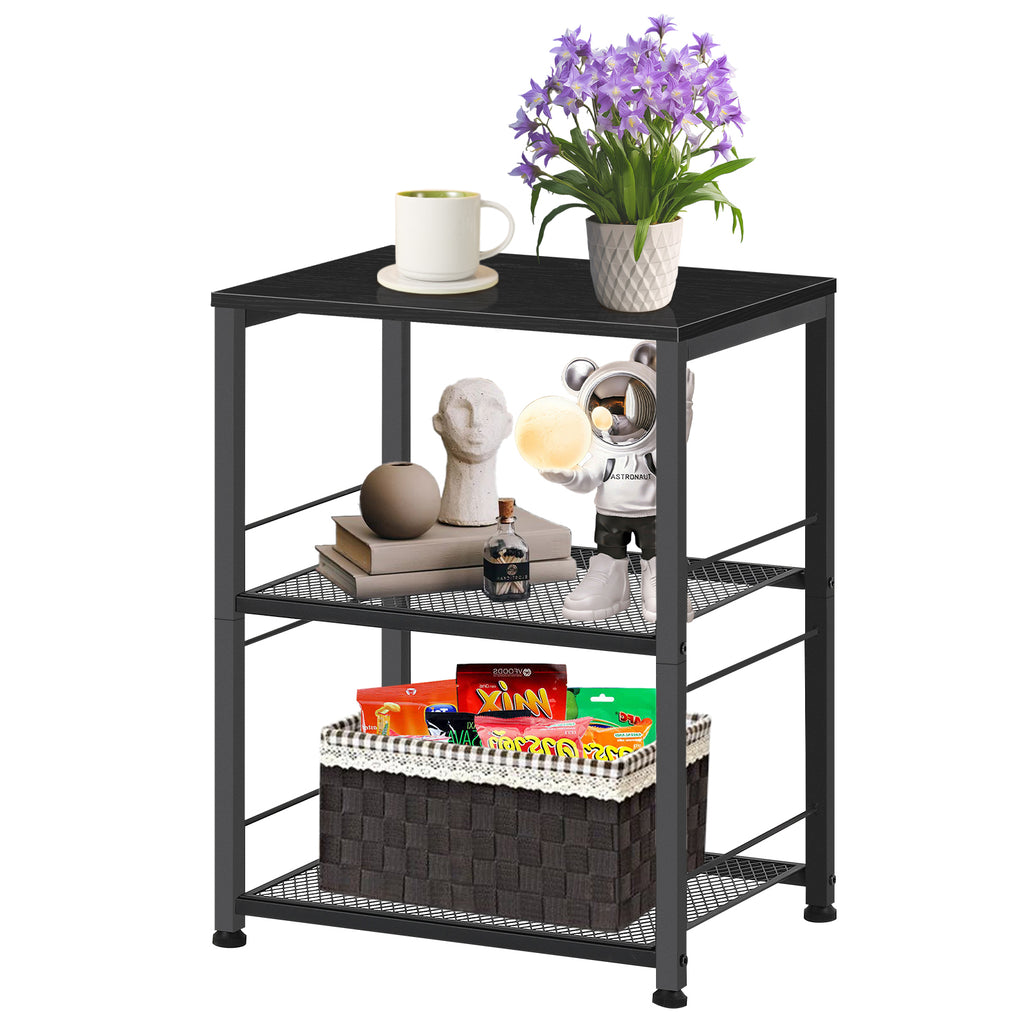 3-Tier Black Rolling Side Table with Wheels, Industrial End Table with Storage Shelves, Mobile Nightstand for Small Spaces, Bedroom, Living Room, Kitchen & Office