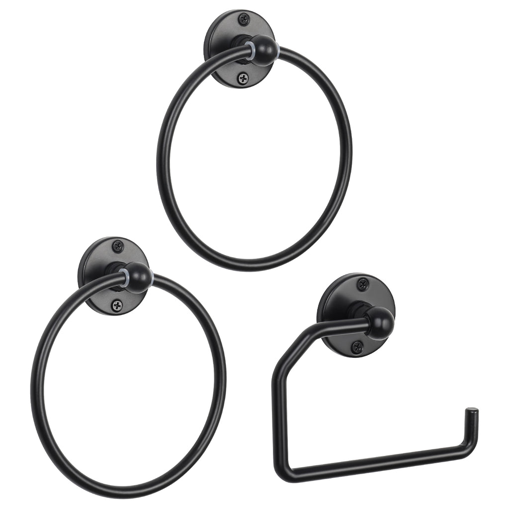 Matte Black Bathroom Hardware Set (3-Piece) - Towel Rings & Toilet Paper Holder Kit