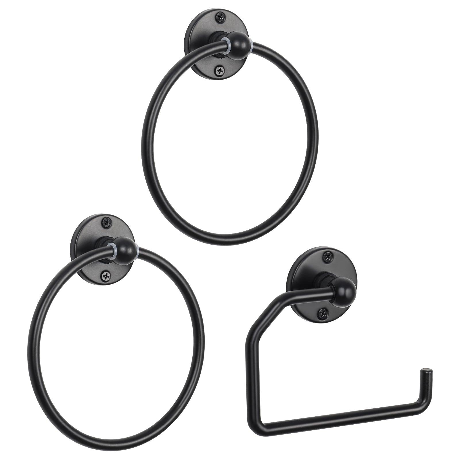 Matte Black Bathroom Hardware Set (3-Piece) - Towel Rings & Toilet Paper Holder Kit