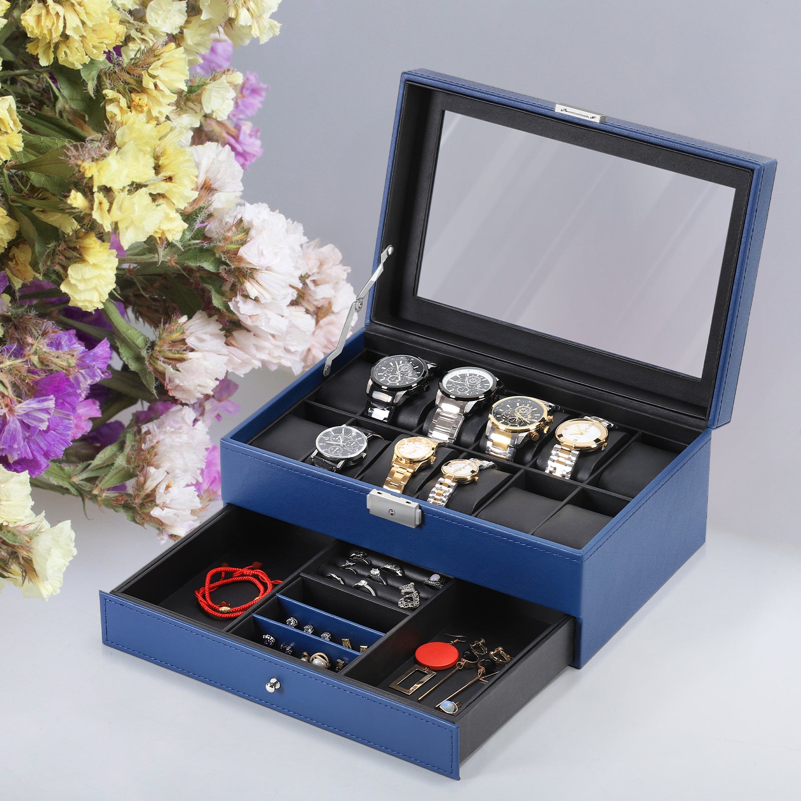 12-Slot PU Leather Watch Box with Jewelry Drawer, Blue Organizer for Storage & Display