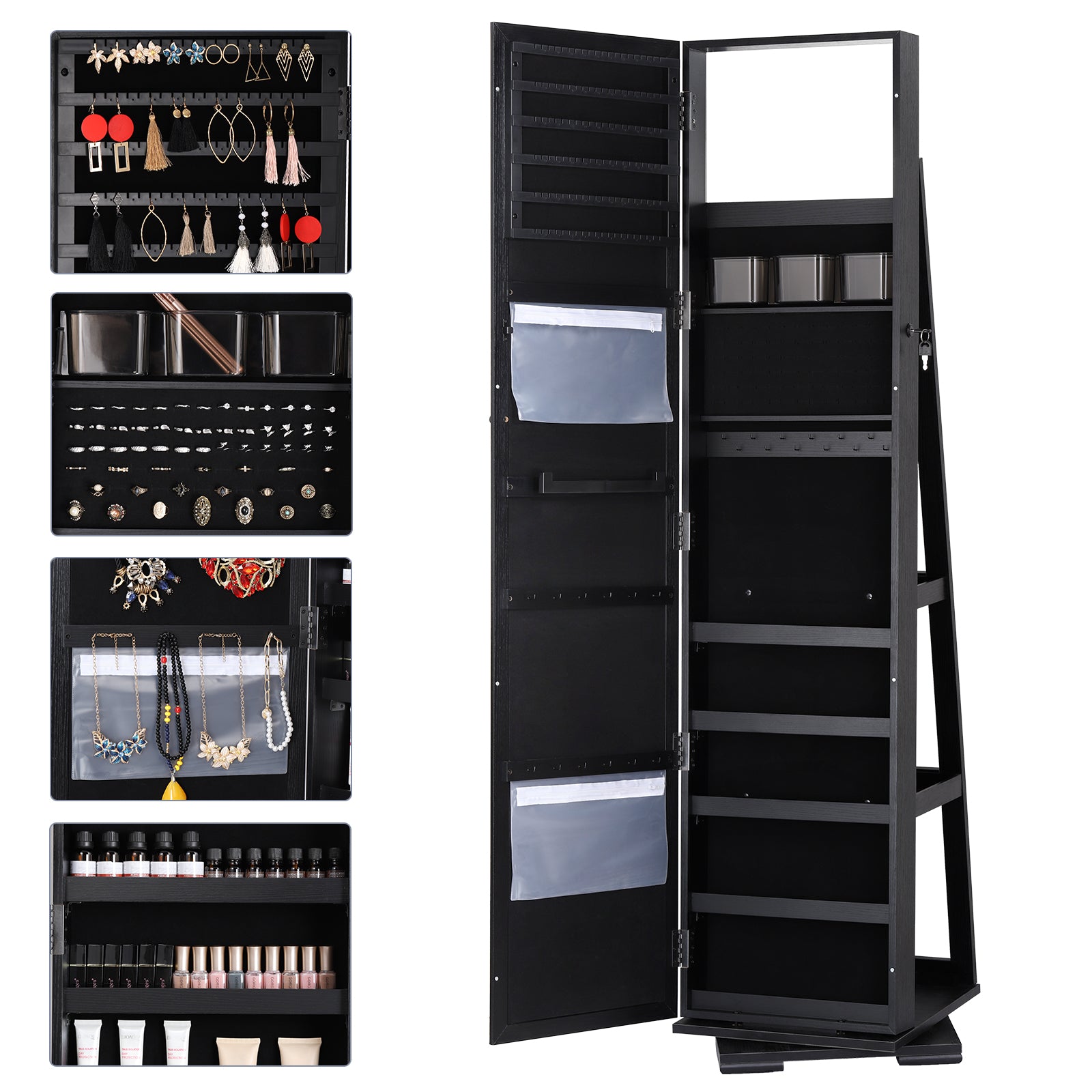 360Â° Swivel Jewelry Cabinet Armoire with Full-Length Mirror - Lockable Jewelry Organizer with Rear Storage Shelves & Large Capacity Makeup Storage, Black