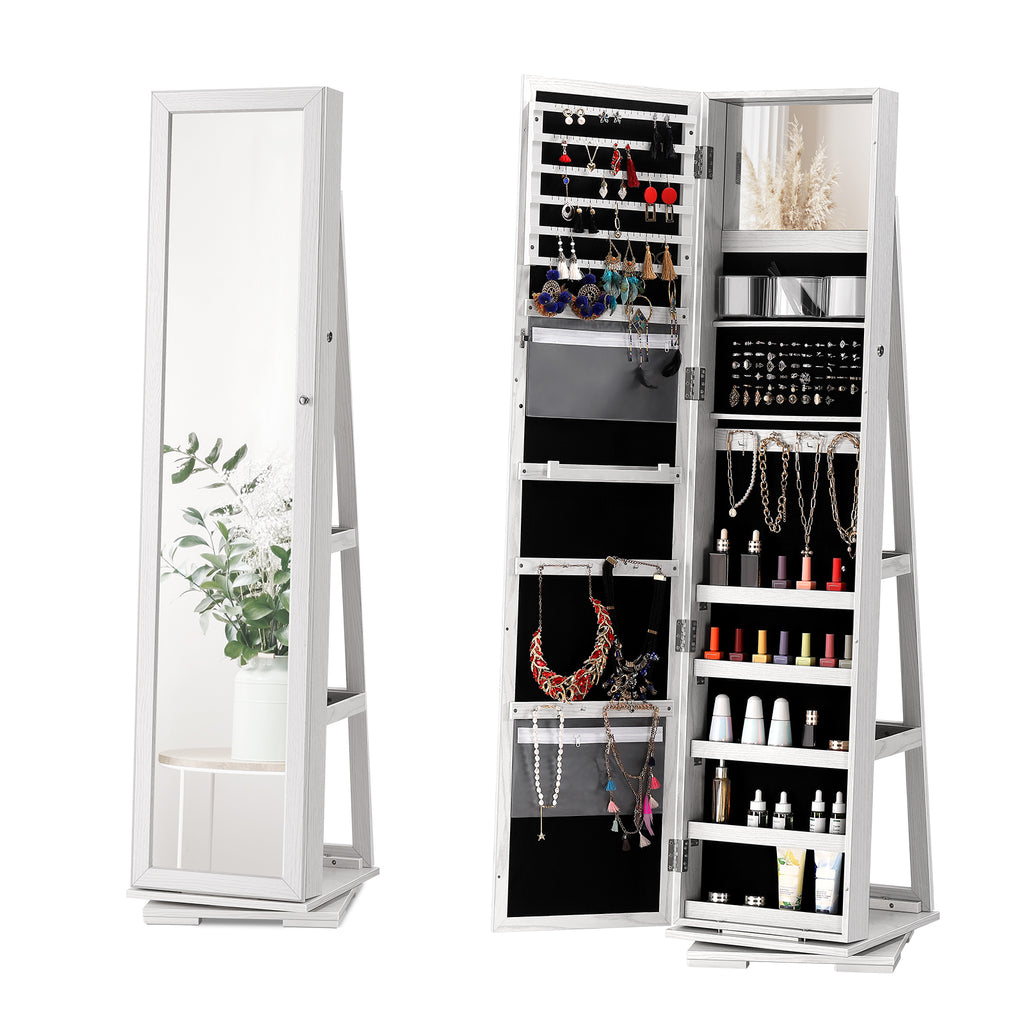 360Â° Swivel Jewelry Cabinet Armoire with Full-Length Mirror - Lockable Jewelry Organizer with Rear Storage Shelves & Large Capacity Makeup Storage, Black