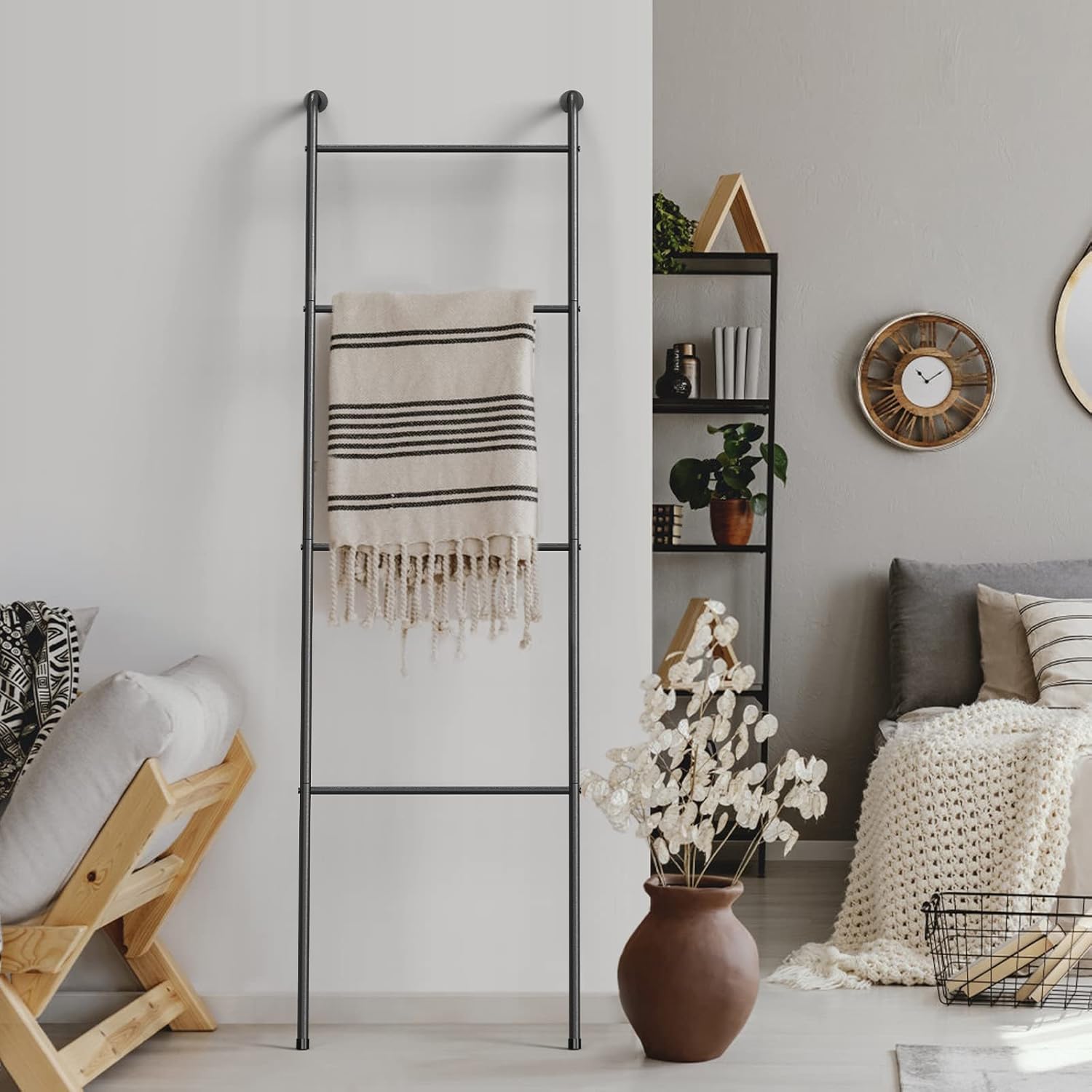 Minimalist Metal Blanket Ladder | Industrial Lean-to Towel & Quilt Rack