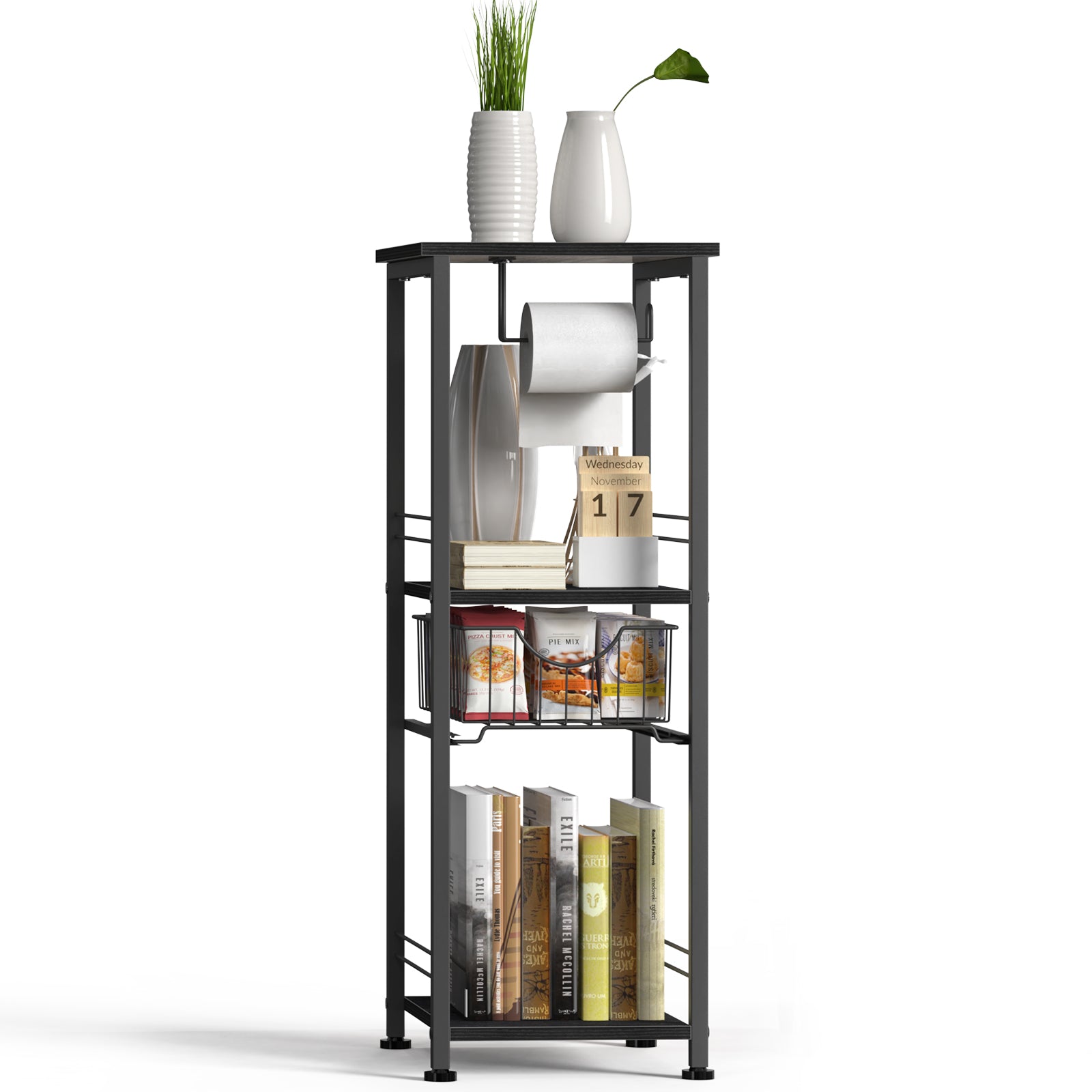 Slim Bathroom Storage Cabinet with Toilet Paper Holder - Narrow Multi-Purpose Floor Shelf for Small Spaces, Laundry Room & Kitchen Pantry, Black