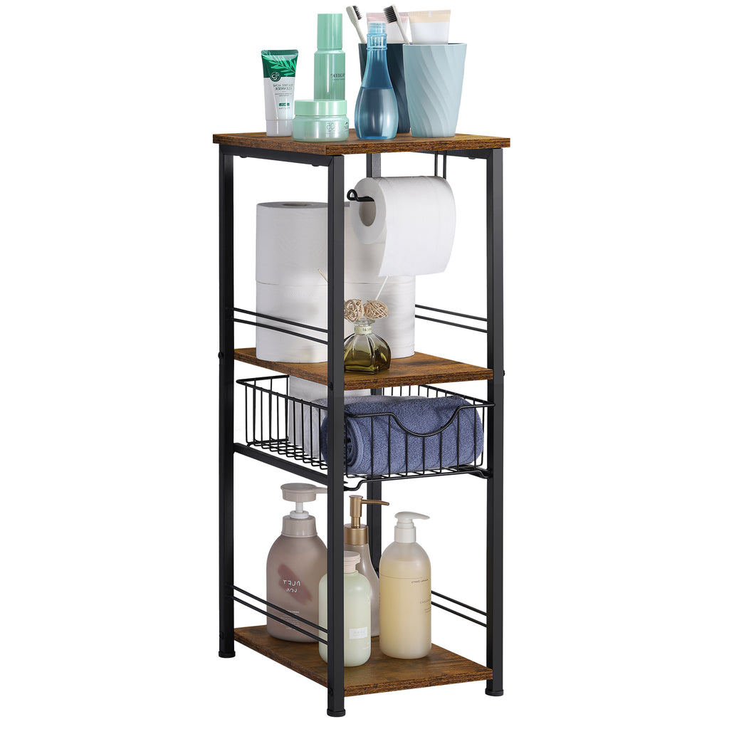 Slim Bathroom Storage Cabinet with Toilet Paper Holder - Narrow Multi-Purpose Floor Shelf for Small Spaces, Laundry Room & Kitchen Pantry, Black