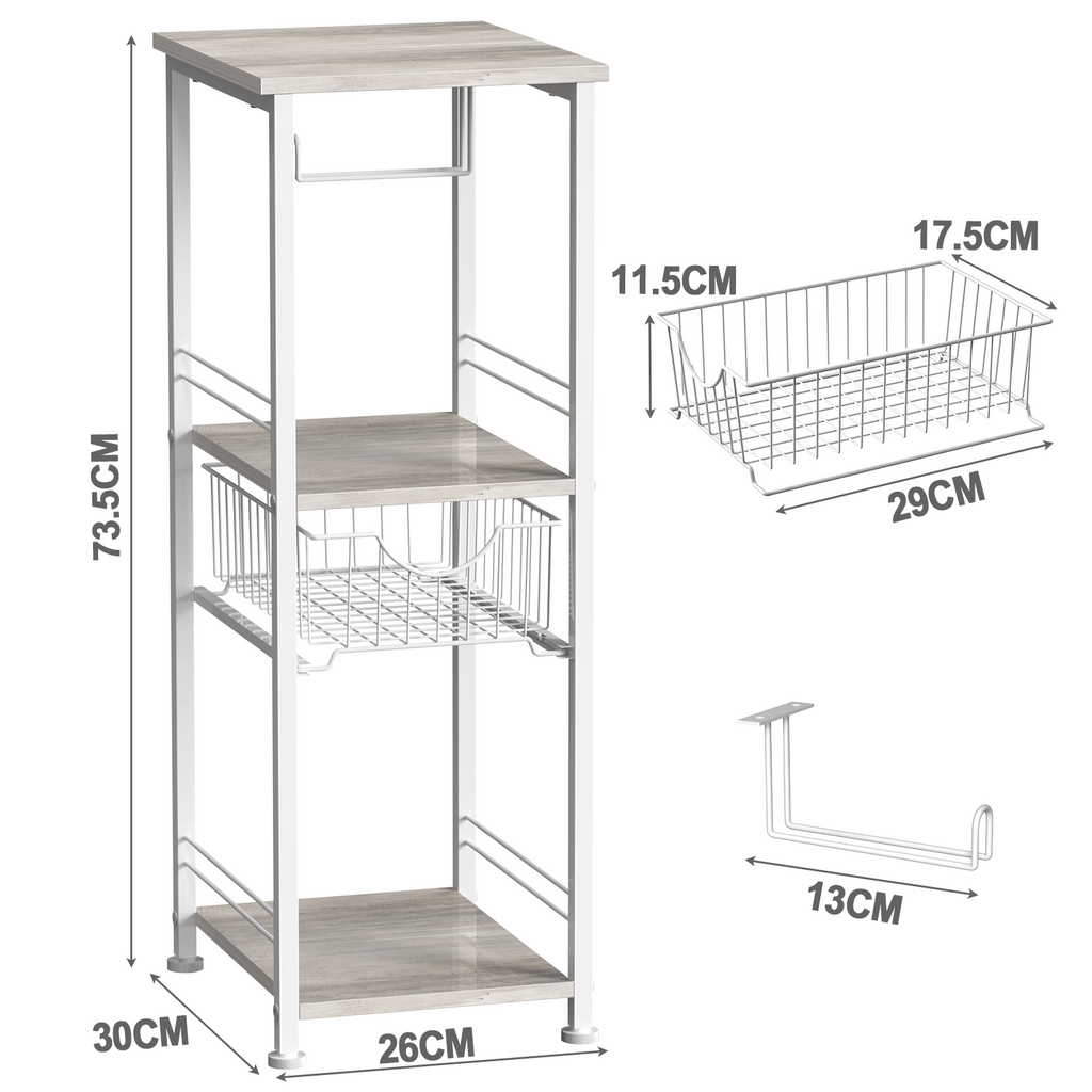 Slim Bathroom Storage Cabinet with Toilet Paper Holder - Narrow Multi-Purpose Floor Shelf for Small Spaces, Laundry Room & Kitchen Pantry, Black