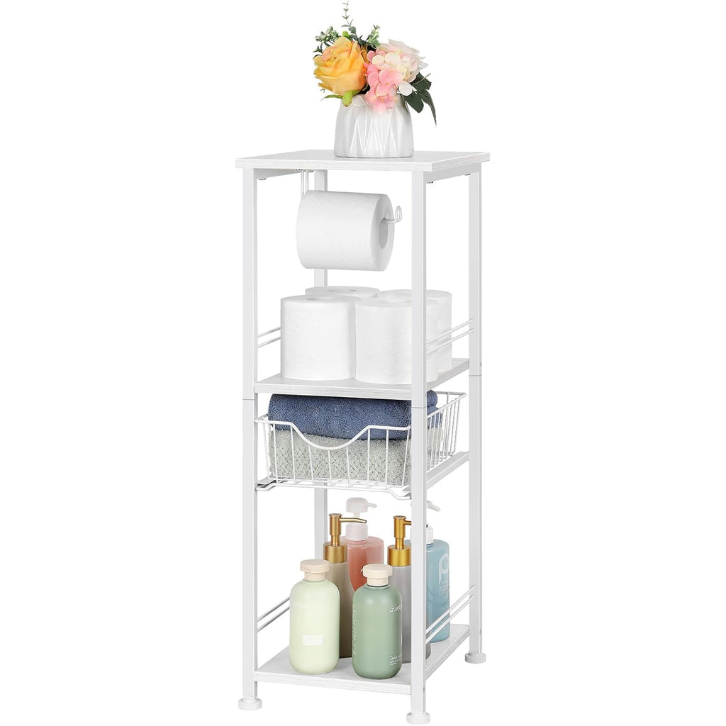 Slim Bathroom Storage Cabinet with Toilet Paper Holder - Narrow Multi-Purpose Floor Shelf for Small Spaces, Laundry Room & Kitchen Pantry, Black
