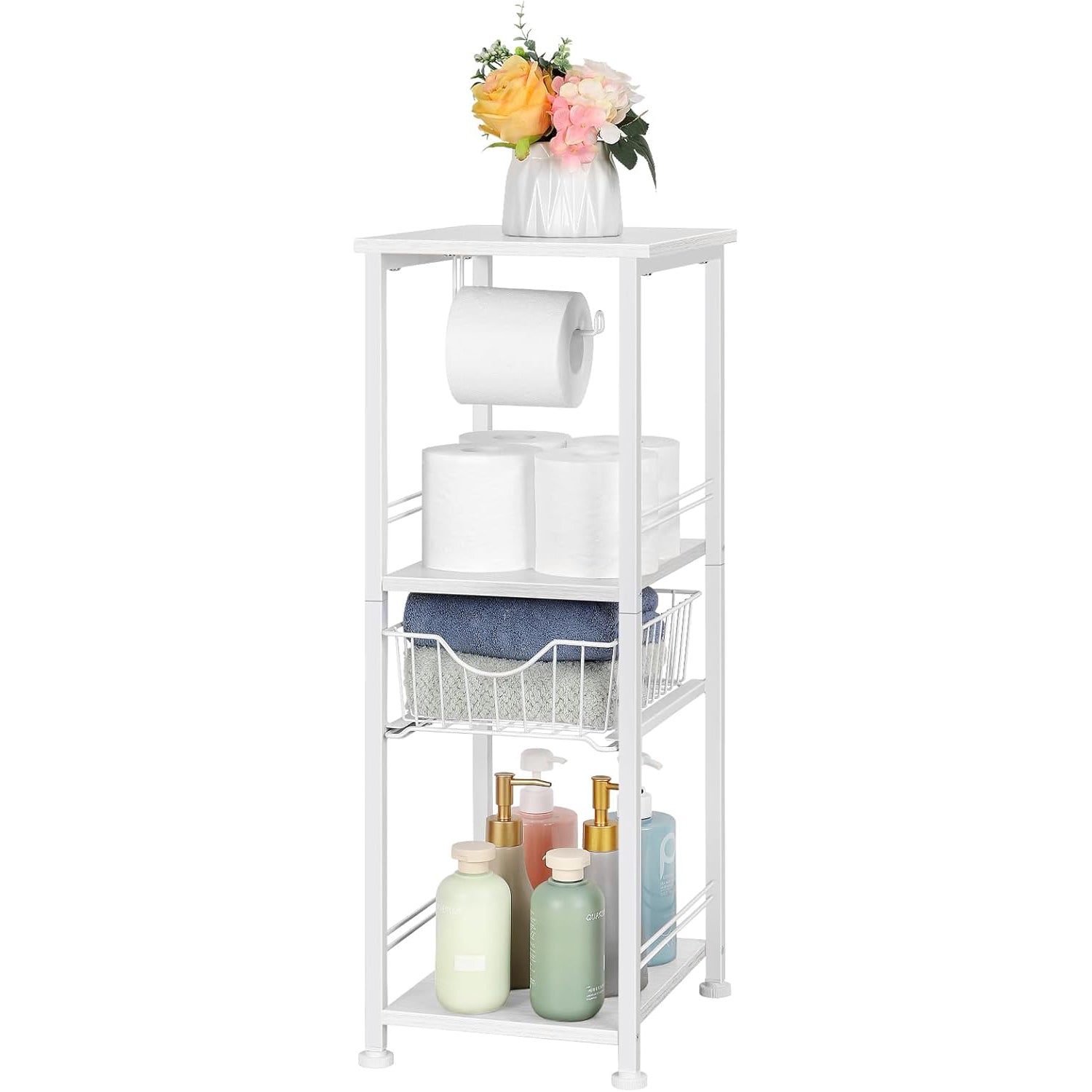 Slim Bathroom Storage Cabinet with Toilet Paper Holder - Narrow Multi-Purpose Floor Shelf for Small Spaces, Laundry Room & Kitchen Pantry, Black