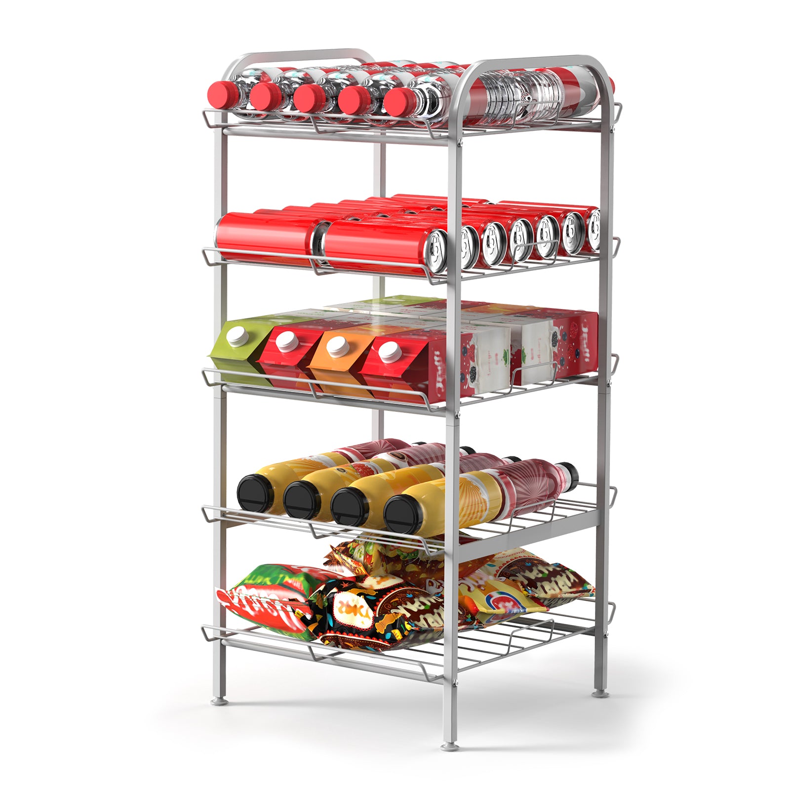 5-Tier Freestanding Water Bottle Storage Rack, Adjustable Metal Beverage Can Organizer for Pantry & Kitchen