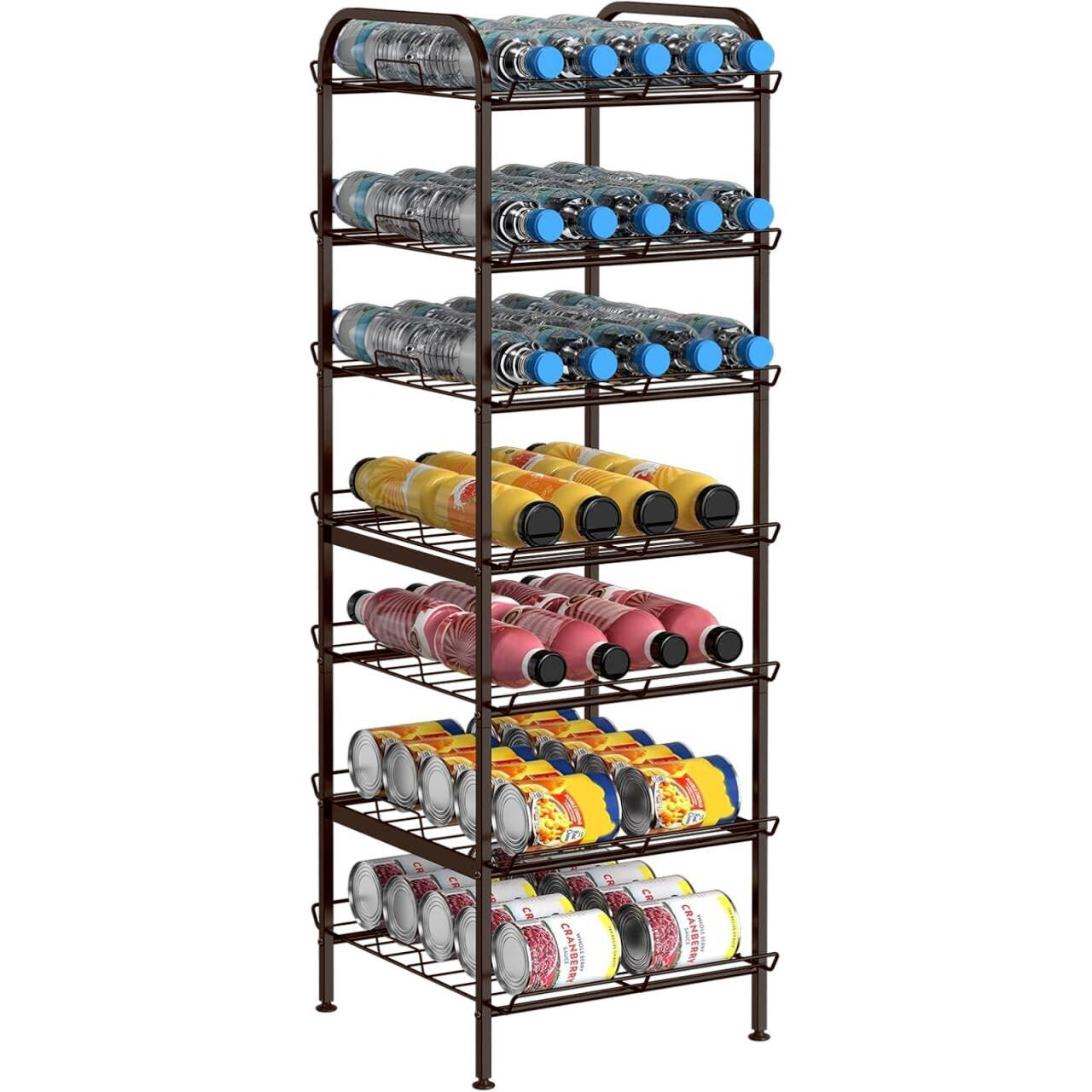 7-Tier Freestanding Water Bottle Organizer, Metal Beverage & Food Storage Rack for Kitchen Pantry,Black/Rustic Brown/White