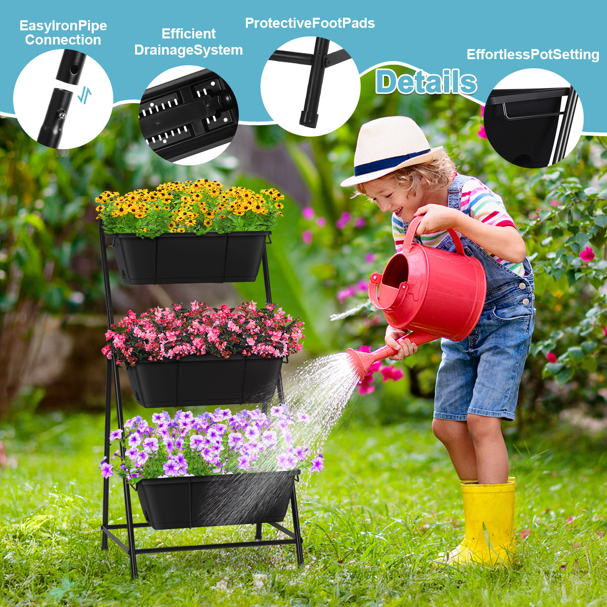 3-Tier Vertical Raised Garden Bed - Elevated Planter Box for Herbs & Flowers with Drainage System & Removable Trays for Patio, Balcony & Porch