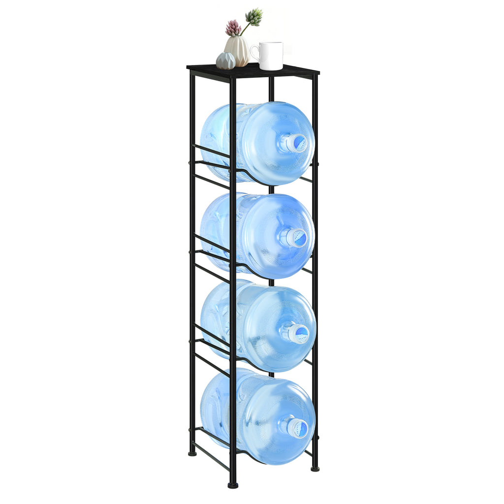 4-Tier 5 Gallon Water Jug Holder with Top Wood Shelf - Heavy Duty Water Bottle Organizer Stand for Office & Kitchen Storage, Black