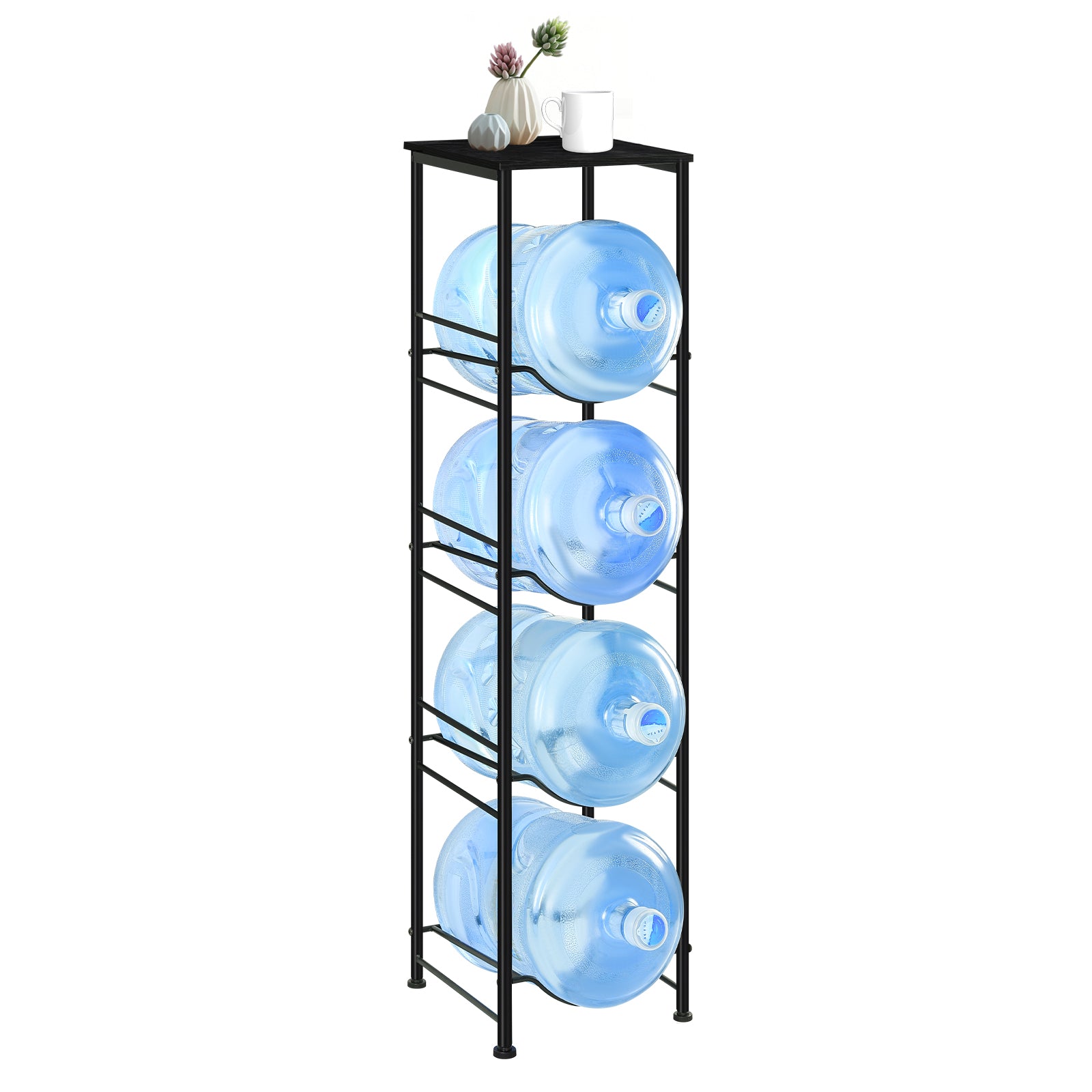 4-Tier 5 Gallon Water Jug Holder with Top Wood Shelf - Heavy Duty Water Bottle Organizer Stand for Office & Kitchen Storage, Black