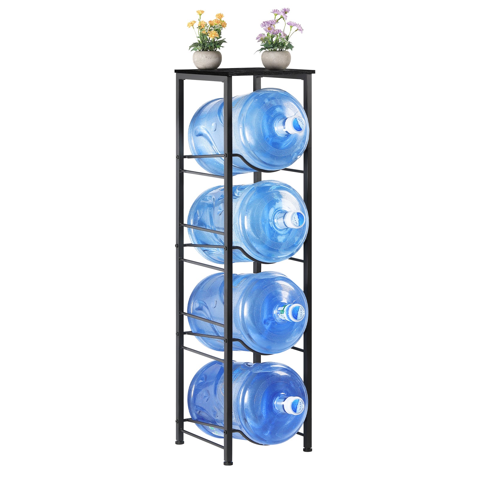 Heavy-Duty 4-Tier Water Bottle Storage Rack with Display Top - 5 Gallon Water Jug Organizer Stand for Home & Office, Space-Saving Black Finish