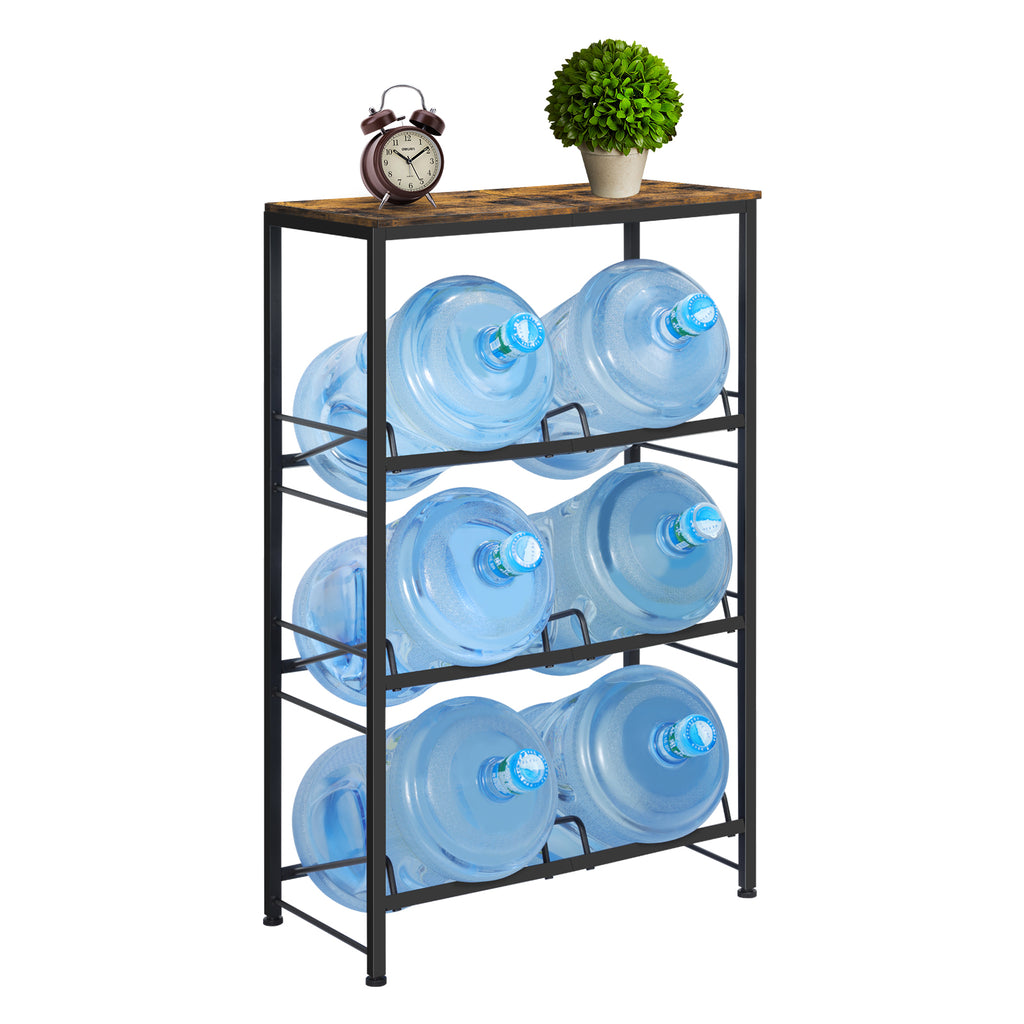 6-Bottle 5 Gallon Water Jug Holder Rack with Top Shelf - Heavy Duty 3-Tier Storage Organizer for Kitchen & Pantry, Black