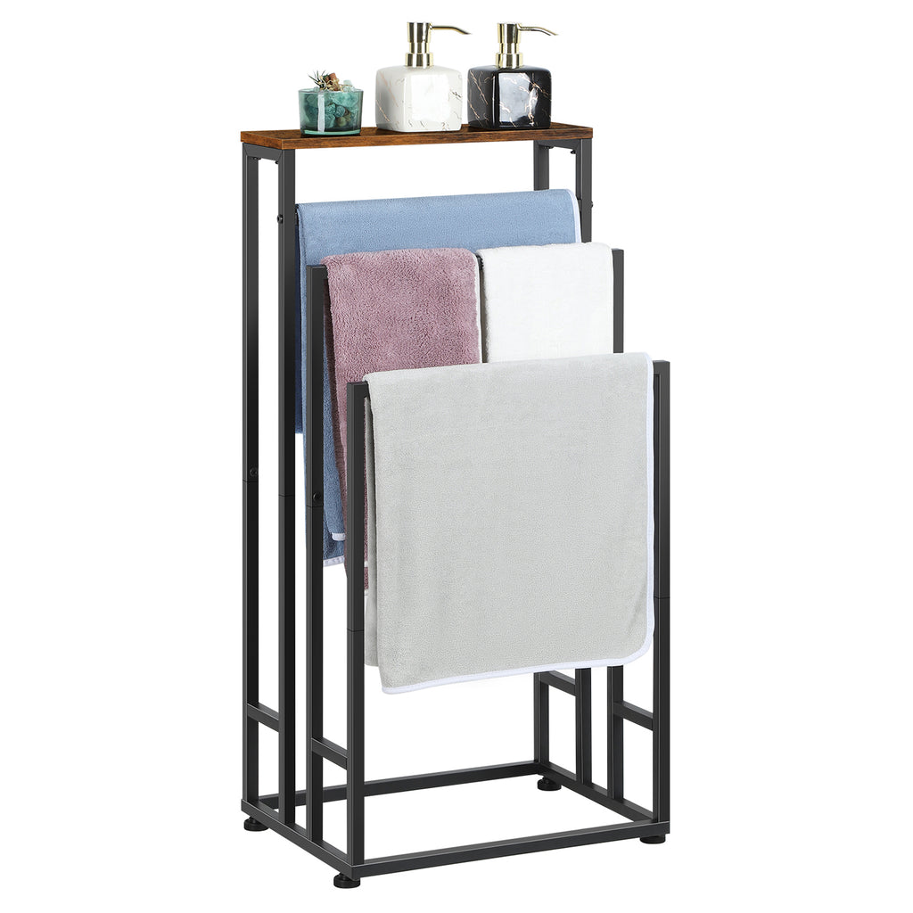 3-Tier Freestanding Towel Rack with Shelf, Rustic Brown Bathroom Towel Holder Stand for Floor, Dorm & Laundry Room