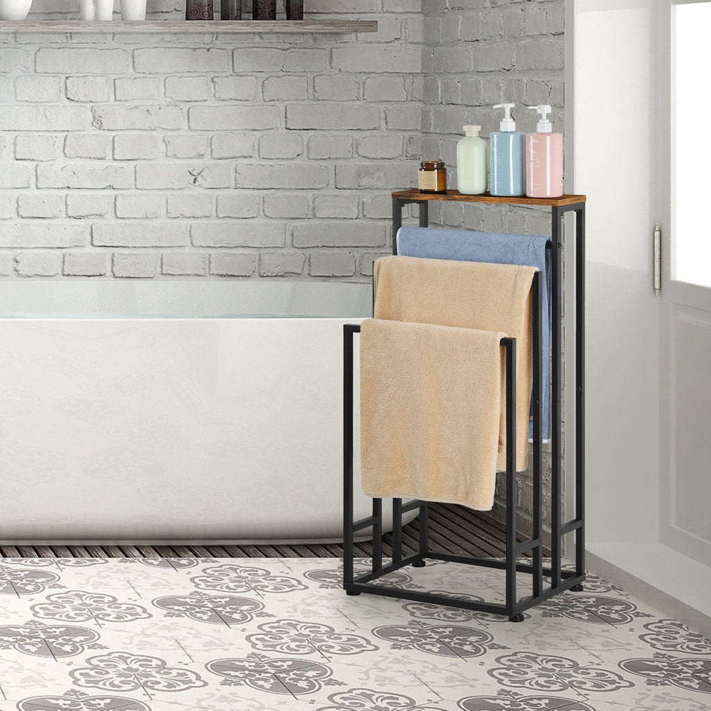 3-Tier Freestanding Towel Rack with Shelf, Rustic Brown Bathroom Towel Holder Stand for Floor, Dorm & Laundry Room