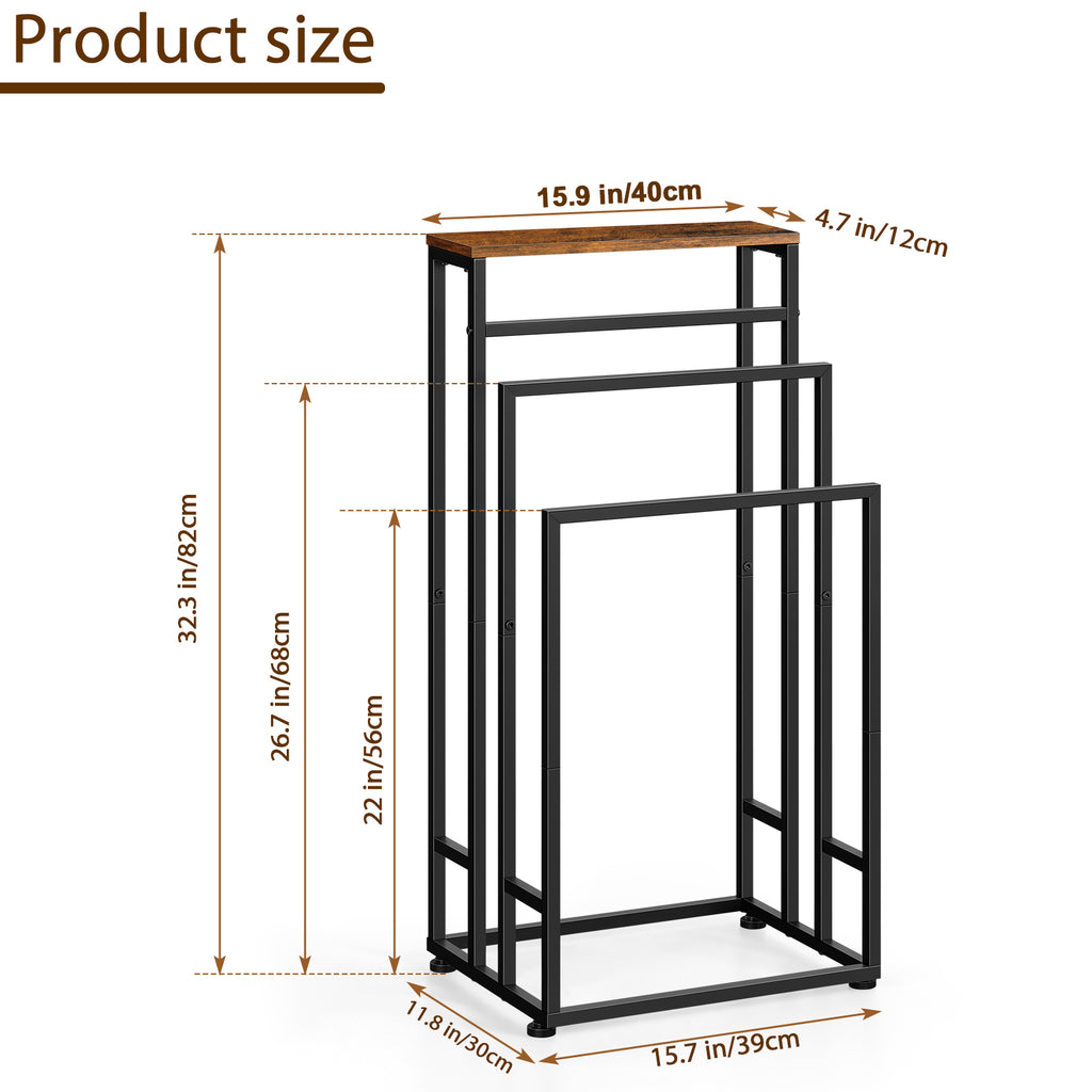 3-Tier Freestanding Towel Rack with Shelf, Rustic Brown Bathroom Towel Holder Stand for Floor, Dorm & Laundry Room