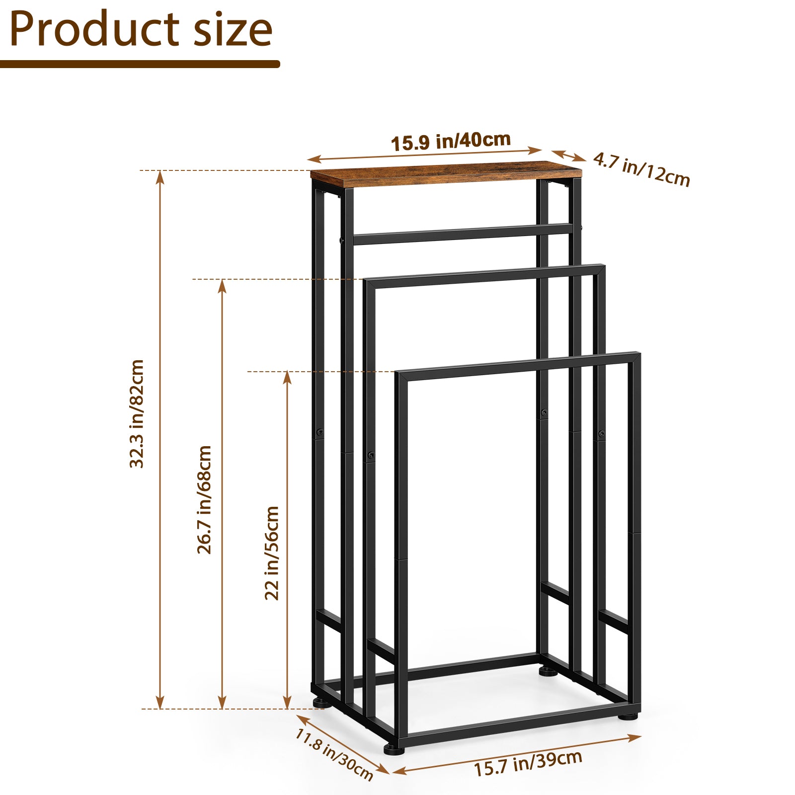 3-Tier Freestanding Towel Rack with Shelf, Rustic Brown Bathroom Towel Holder Stand for Floor, Dorm & Laundry Room