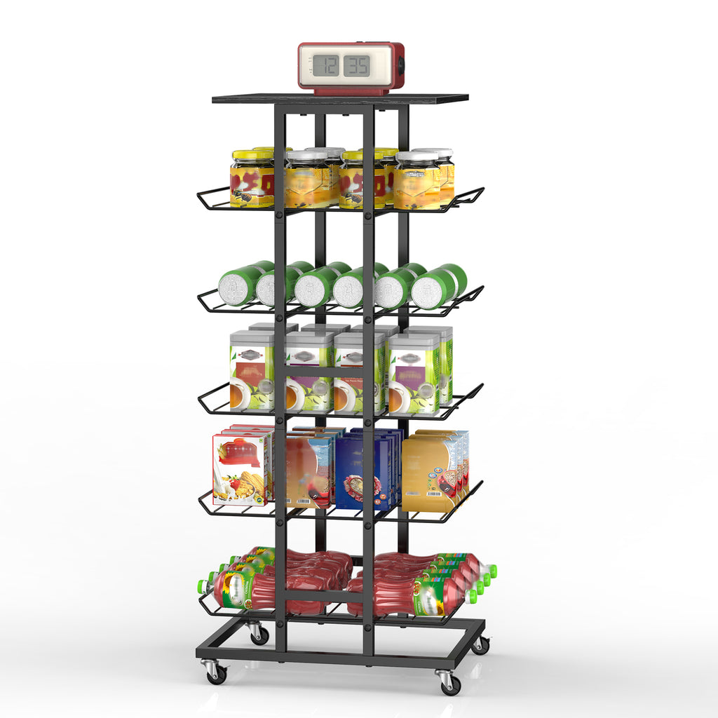 5-Tier Rolling Beverage Storage Rack with Lockable Wheels - Multi-Purpose Kitchen Pantry Organizer & Mobile Can Holder for Soda & Bottled Water