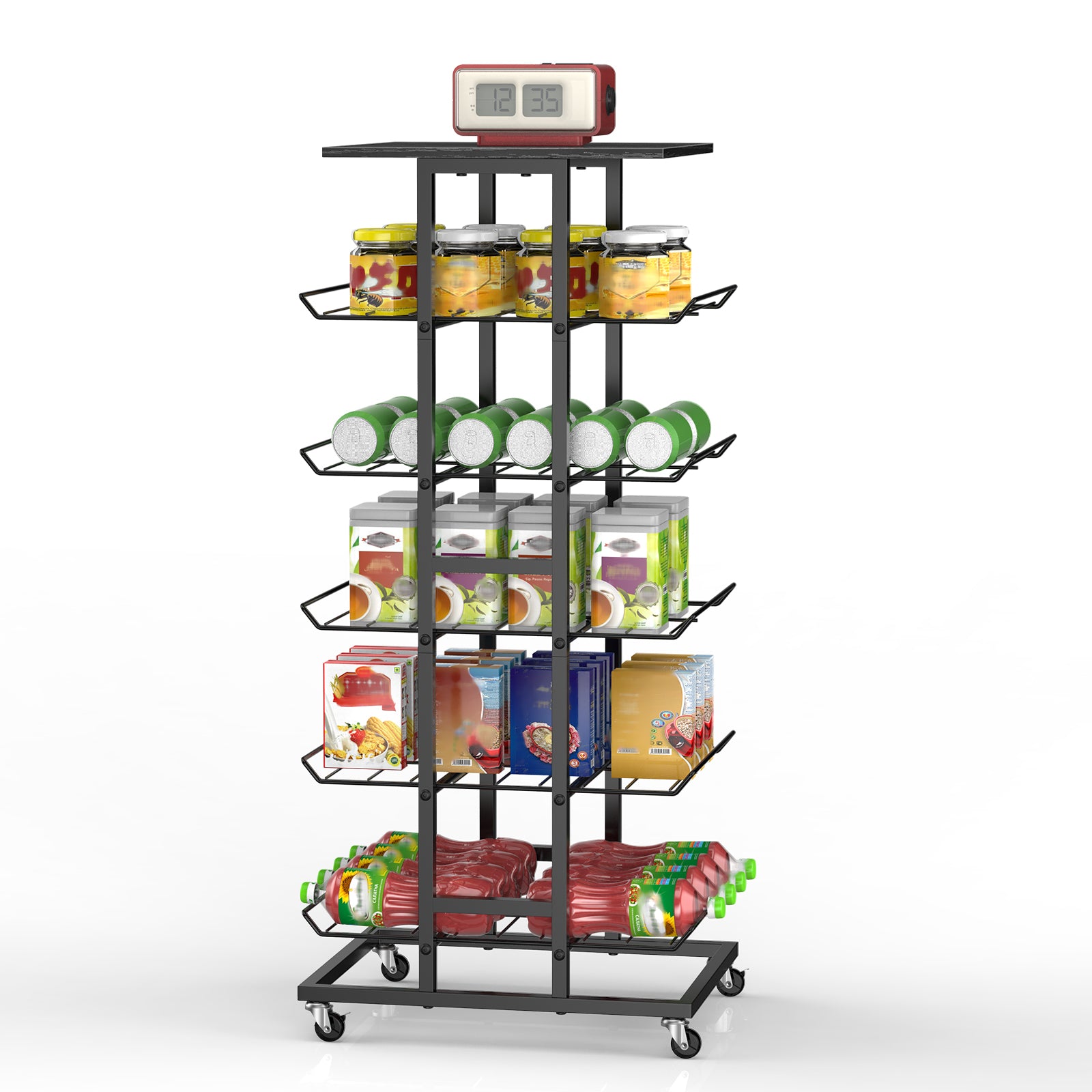 5-Tier Rolling Beverage Storage Rack with Lockable Wheels - Multi-Purpose Kitchen Pantry Organizer & Mobile Can Holder for Soda & Bottled Water