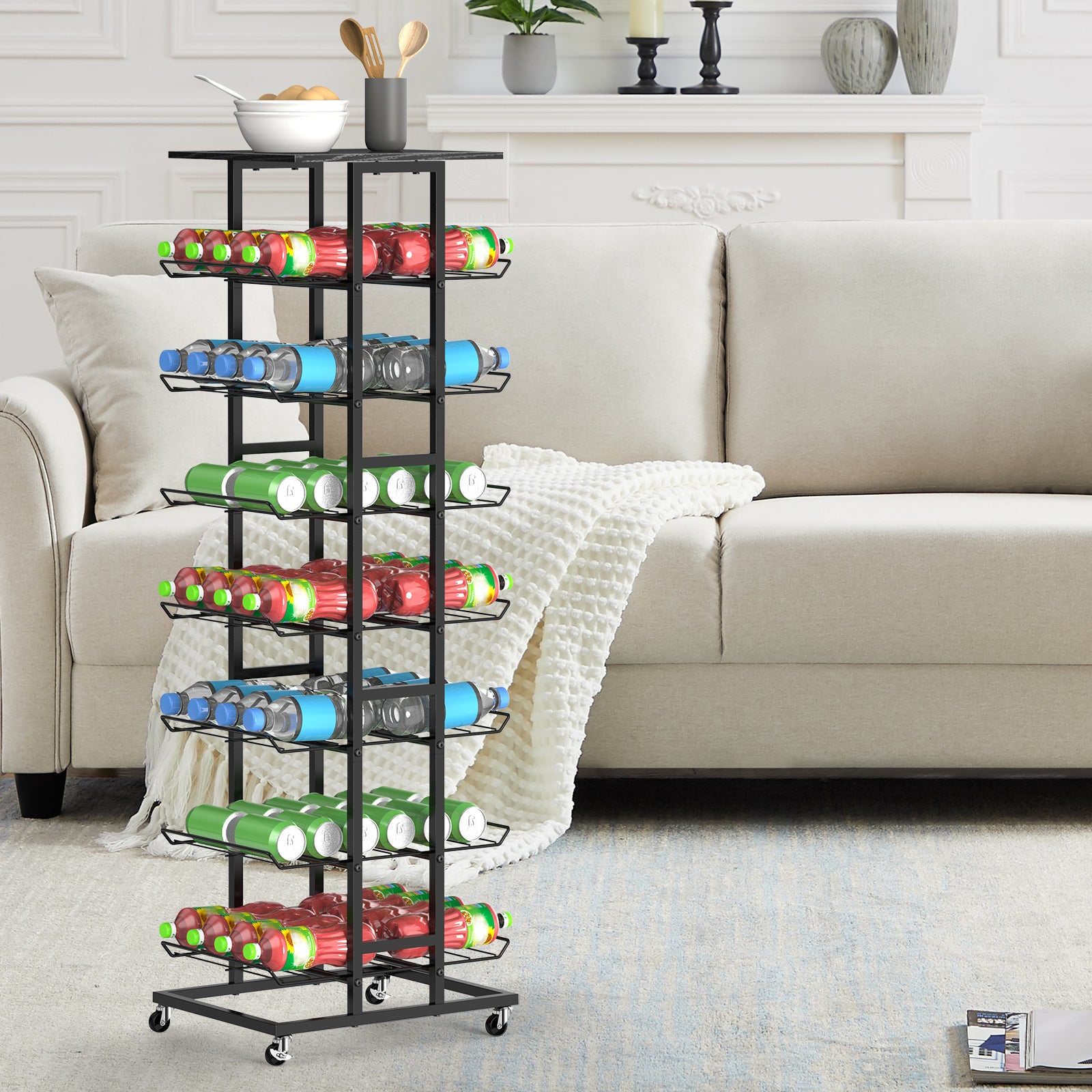 Water Bottle & Soda Can Organizer - Free Standing Beverage & Snack Storage Rack