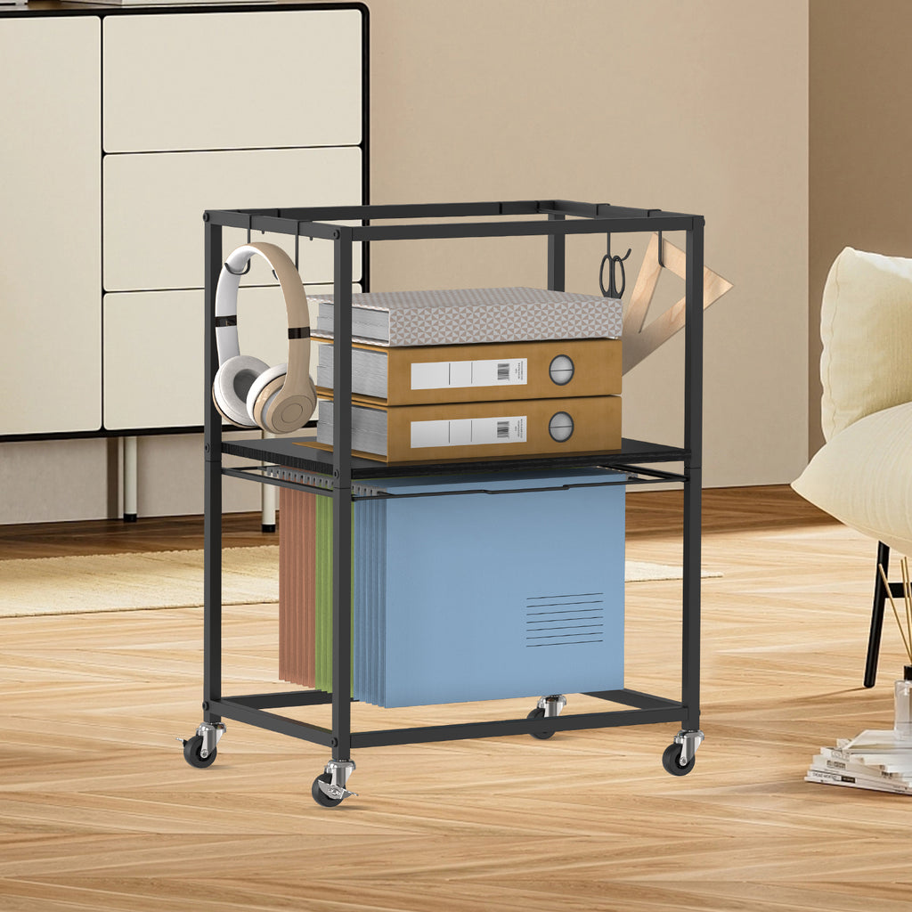 2-Tier Rolling File Cart with Side Hooks - Mobile Office Organizer for Letter & Legal Size Hanging Folders, Heavy-Duty File Storage Cabinet, Black