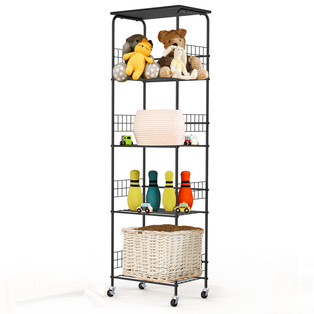 5-Tier Rolling Wire Storage Basket Cart - Slim Utility Shelf Organizer for Kitchen, Pantry, Laundry Room & Kids' Playroom, Black