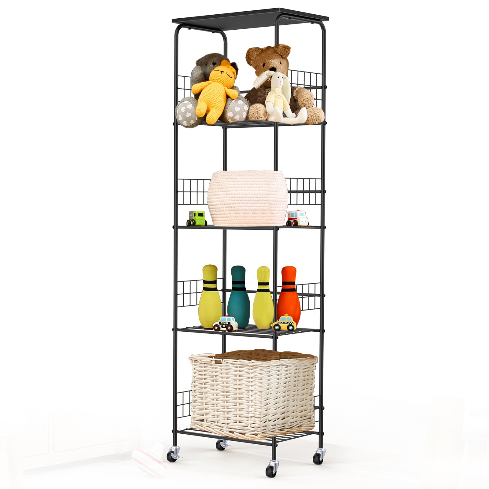 5-Tier Rolling Wire Storage Basket Cart - Slim Utility Shelf Organizer for Kitchen, Pantry, Laundry Room & Kids' Playroom, Black