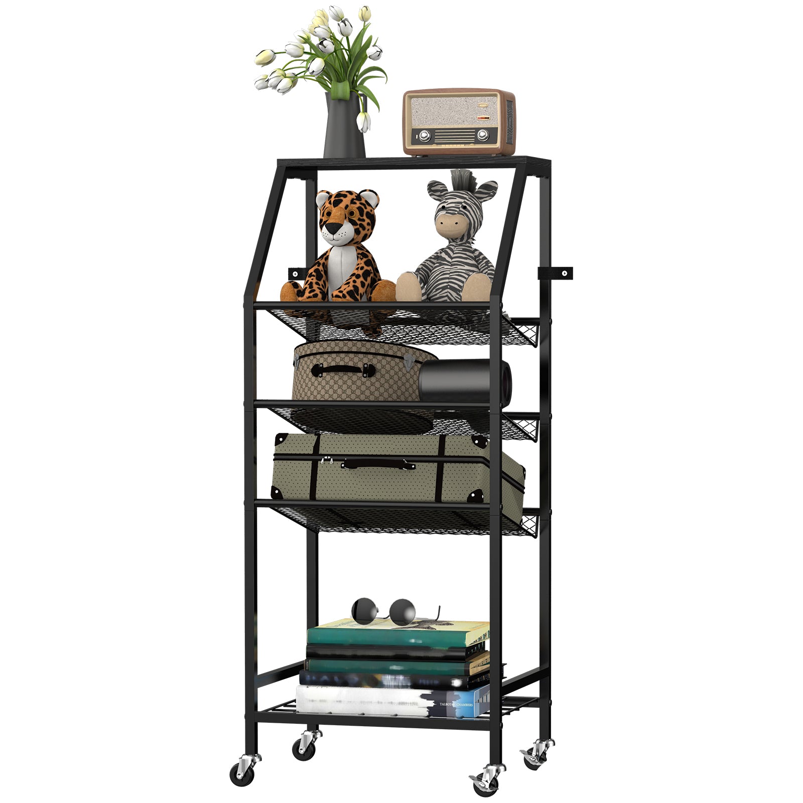 5-Tier Rolling Utility Cart with Storage Baskets - Versatile Home Organizer for Bathroom, Bedroom & Kids' Room, Multi-Purpose Mobile Shelf, Black