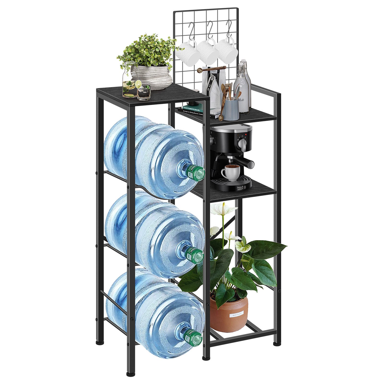 5 Gallon Water Jug Holder & Coffee Station - Heavy Duty 3-Jug Rack with 2-Tier Side Storage Shelves & Wood Top for Kitchen & Office