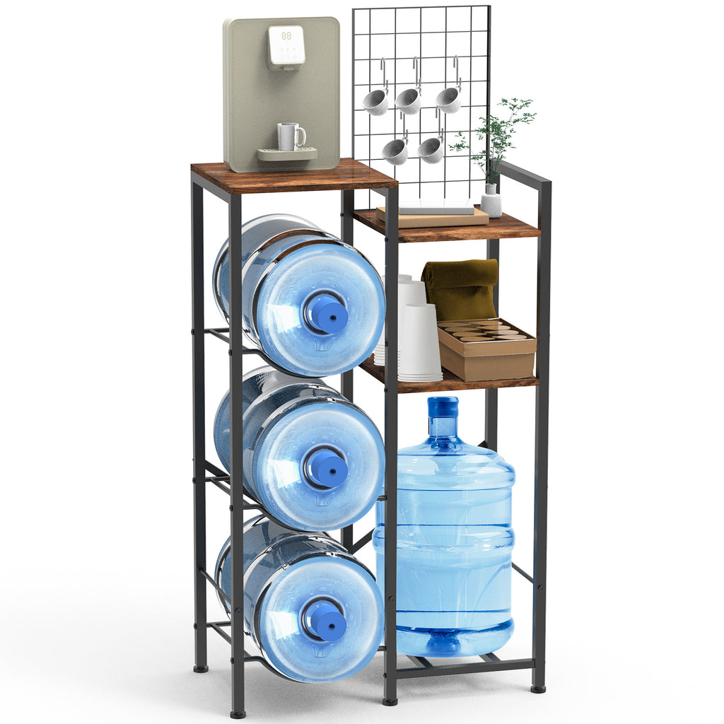 5 Gallon Water Jug Holder & Coffee Station - Heavy Duty 3-Jug Rack with 2-Tier Side Storage Shelves & Wood Top for Kitchen & Office